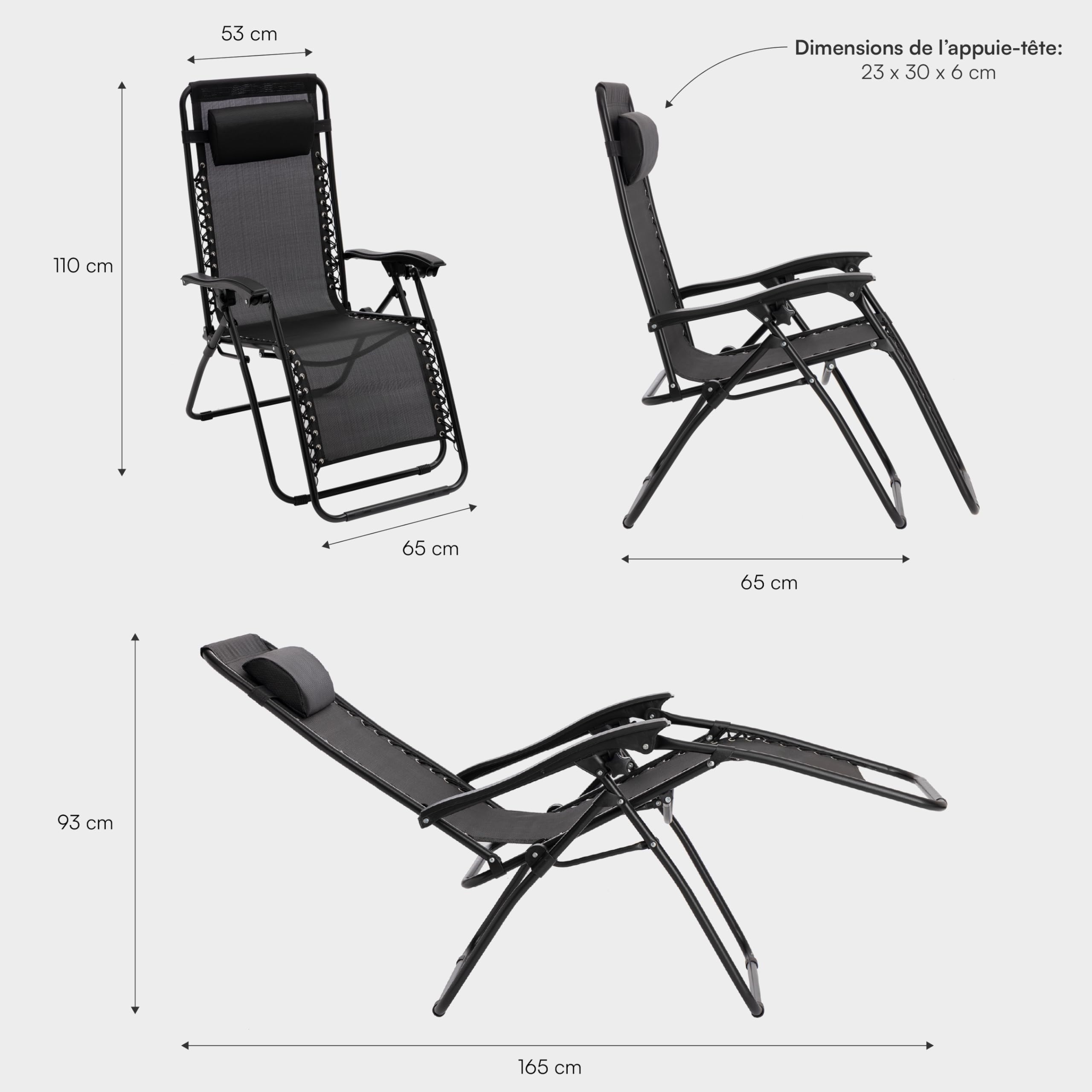 Baroni Home Chaise Longue de Jardin Zero Gravity, Fauteuil Relax avec Appui-Tête Rembourré, Transat d’été en Accier Allié, Chaise d’Extérieur Confortable, 165x65x11 cm, Noir