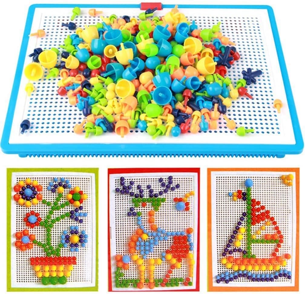 296 Pcs Mushroom Nails PeGBoard Educational Colourful Jigsaw Puzzle Building Blocks Bricks Creative Diy Mosaic Toys For Kids & Toddlers, Perfect Birthday For Girls Boys Age 3 8 Years, 1, Dv00101
