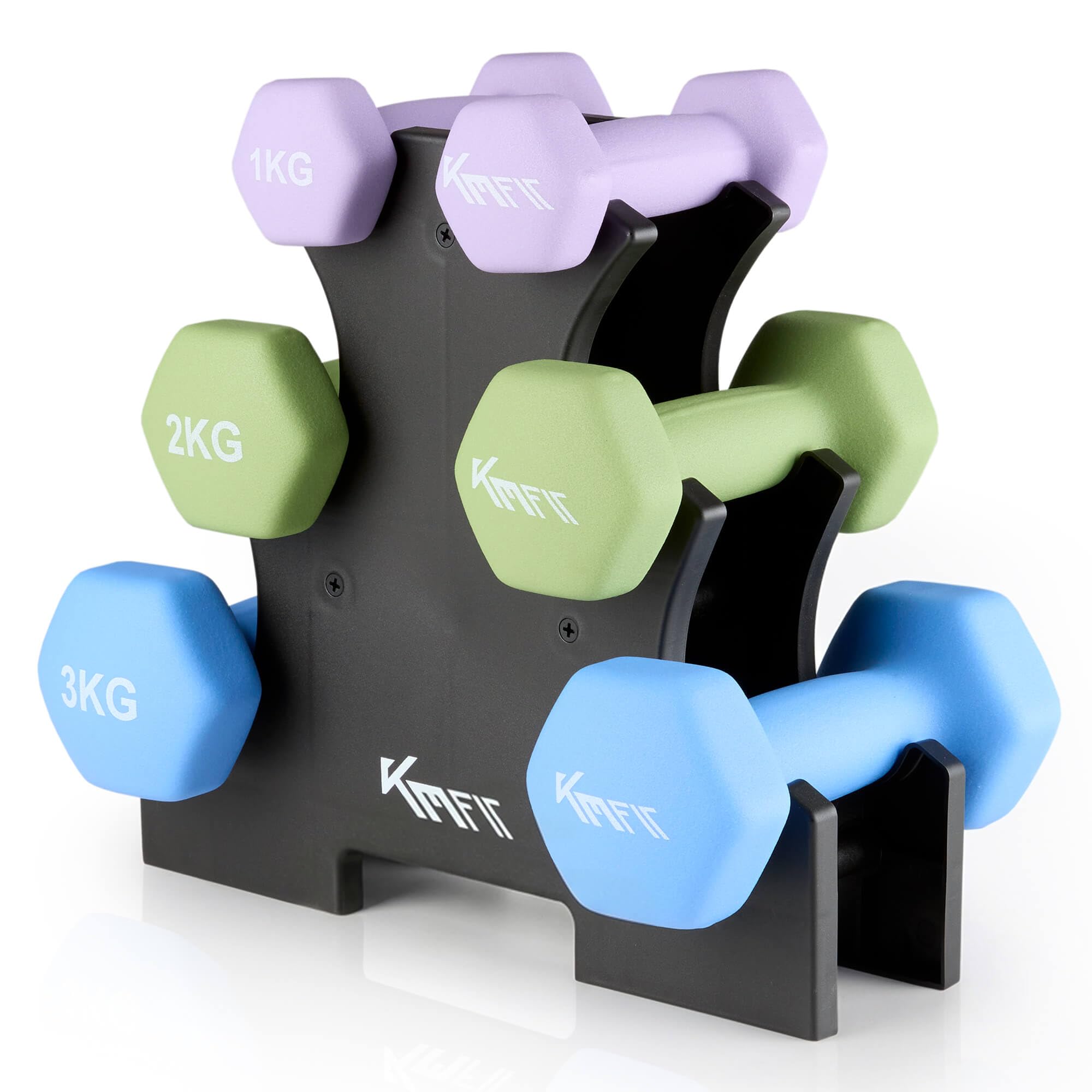 KM-Fit zestaw hantli 12 kg ze stojakiem | Hantle neoprenowe 1–3 kg | Żeliwo z ergonomicznym uchwytem | Odporne na toczenie | Fitness i trening siłowy w domu