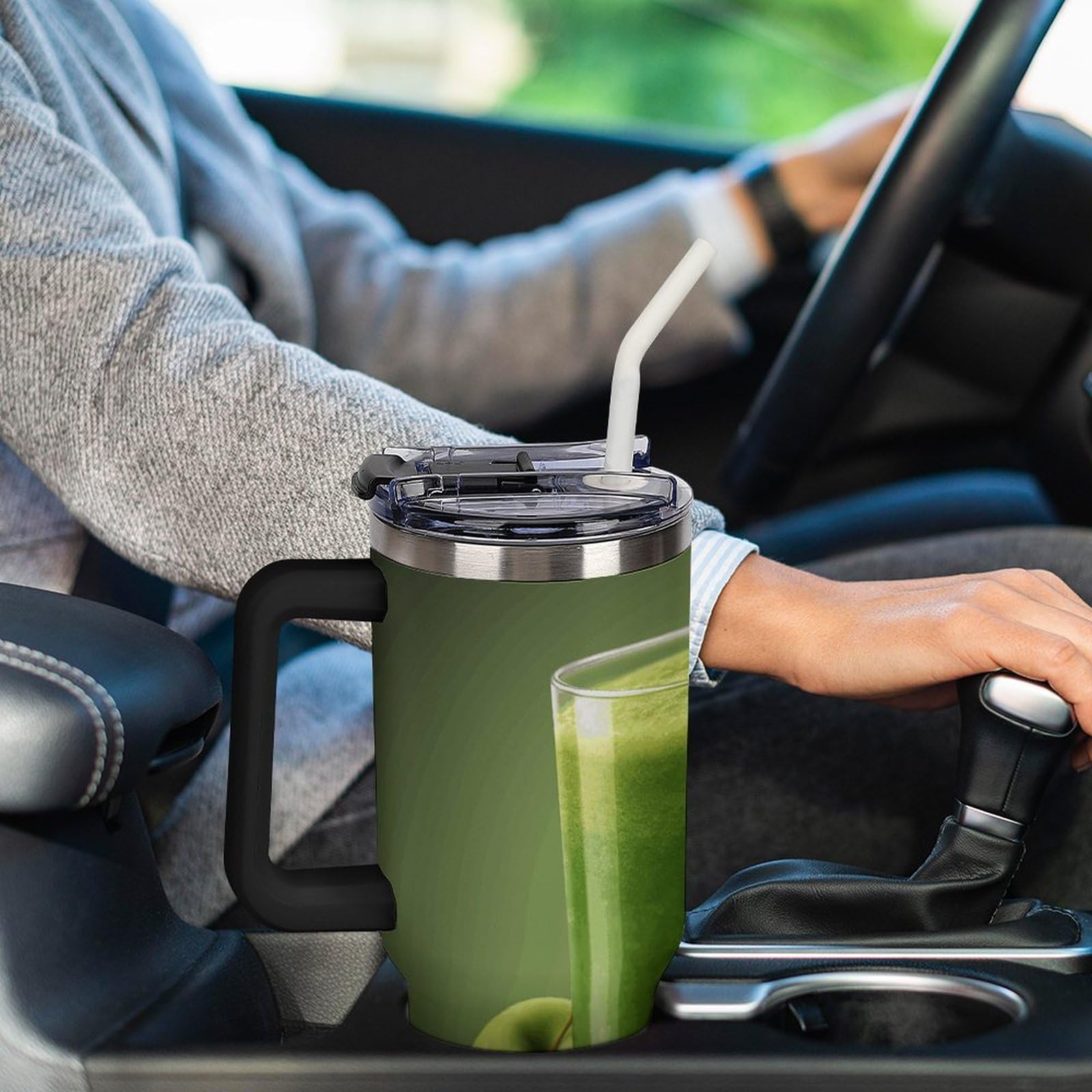 Autobecher aus 304 Edelstahl, 1,2 l, grüner Fruchtsaftbecher mit Strohhalm und auslaufsicherem Deckel, großes Fassungsvermögen, vakuumisolierter Reisebecher für Auto-Becherhalter