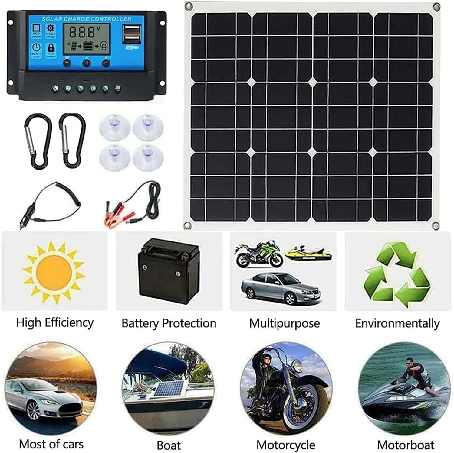 BLUEZY Kit Pannello Solare 25W Pannello Solare Mono con Controller 10A-60A Pannello Fotovoltaico per Auto, Yacht, Barca Leggera, Batteria, Campeggio E Superfici Ineguali 60A