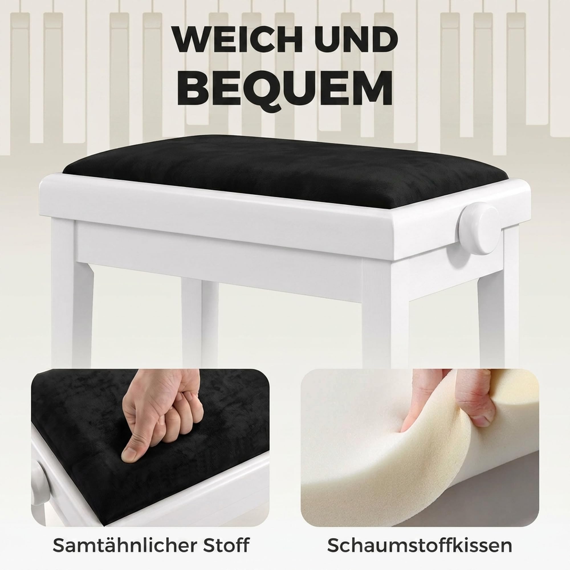 HOMCOM Banquette de Piano réglable en Hauteur 61,5 cm, siège avec Coussin rembourré Effet Velours, Pieds en hévéa laqué, pour Coiffeuse, Chambre ou Salon, Blanc