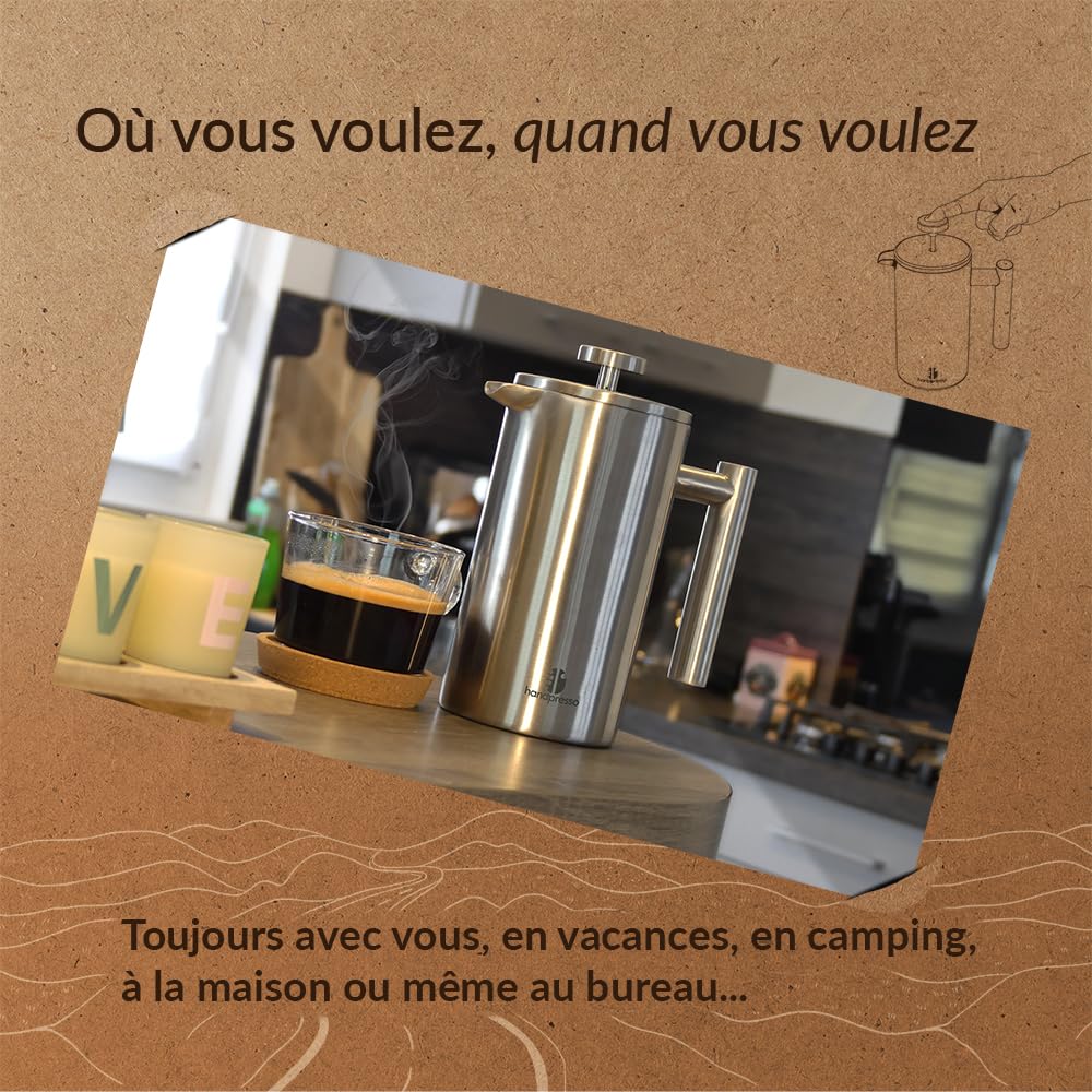 Handpresso French Press | Cafetière à Piston inox double paroi isolante | Cafetiere a Piston isotherme | Cafetiere portable pour la maison, cafetiere de voyage