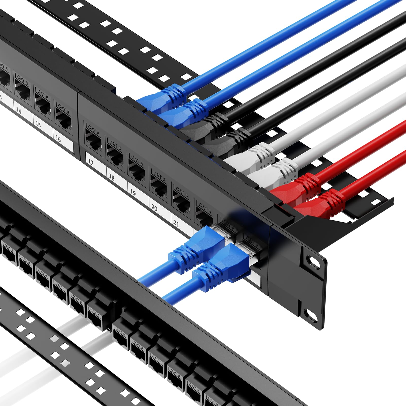 CableGeeker Patch Panel 24 Port, RJ45 Pass-Thru Coupler Cat6 Patch Panel 10G Support, 1U Network Patch Panel UTP 19-Inch with Removable Back Bar, Compatible with Cat6, Cat5e, Cat5 Cabling