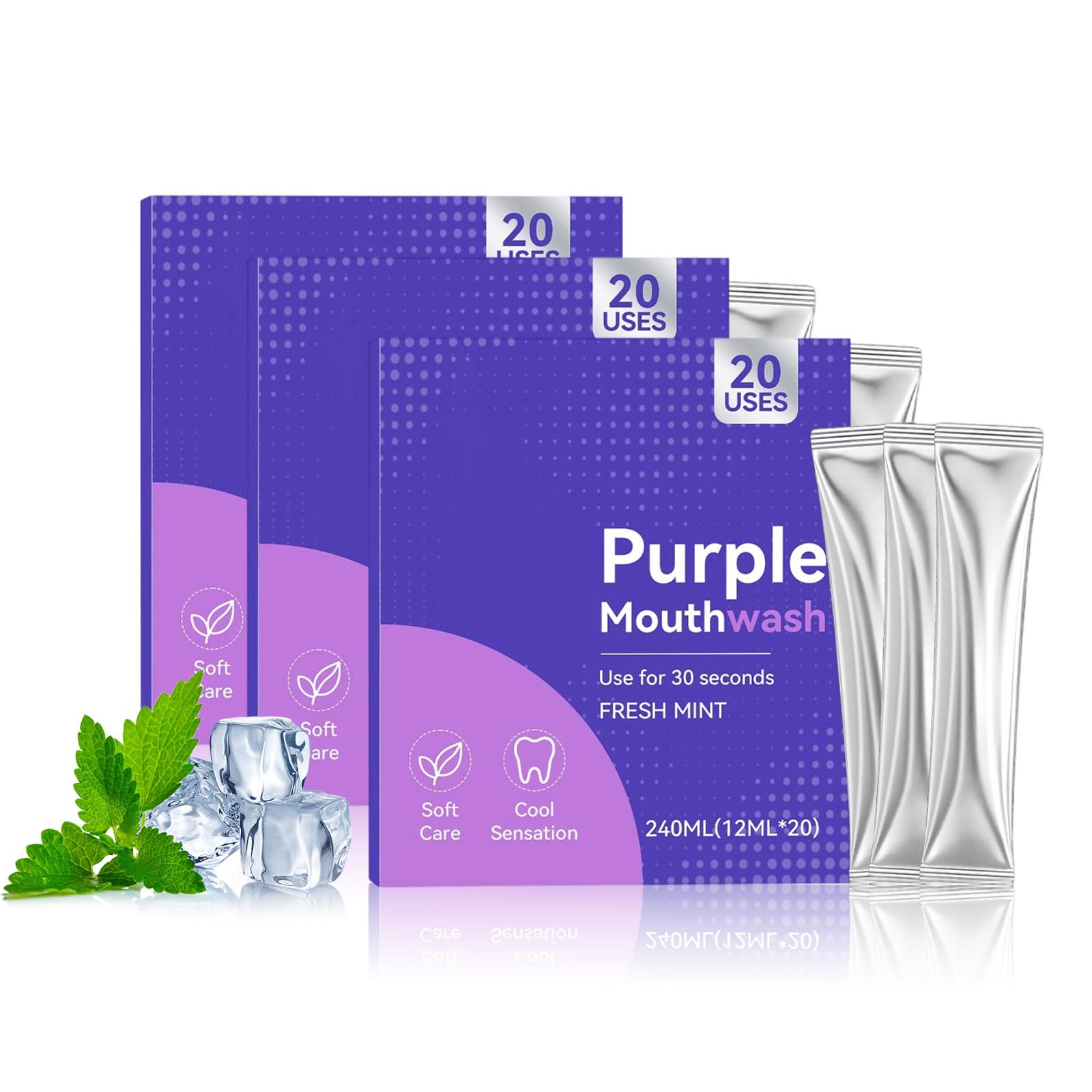 Purple Mouthwash, farbkorrigierende Mundspülung mit frischem Minzgeschmack, einzeln verpackt in Reisegröße für die tägliche Mundpflege, sanfte Reinigung und erfrischender Atem, 3 Set