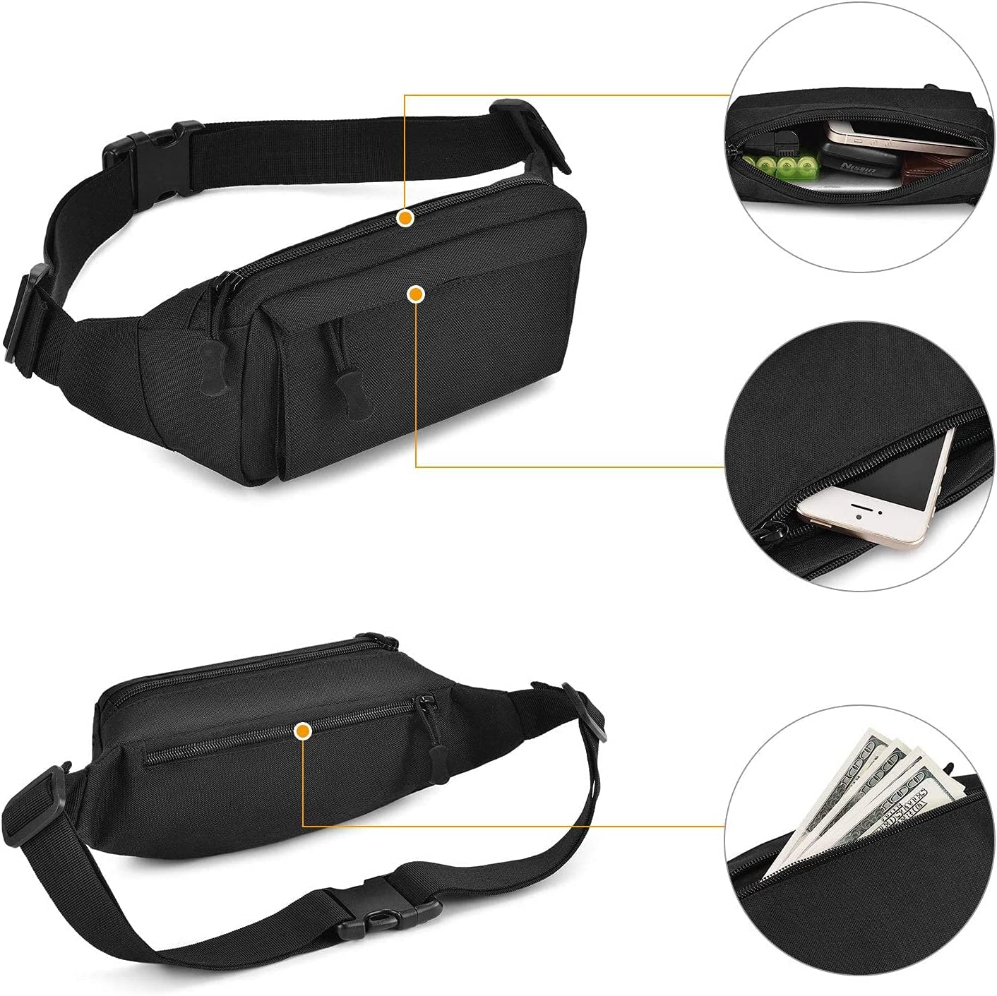 Riñonera táctica pequeña bolsa militar para dinero, bolsa de nailon WR para uso diario, viajes, senderismo, escalada, correr, Negro -, Cierre de cremallera 5