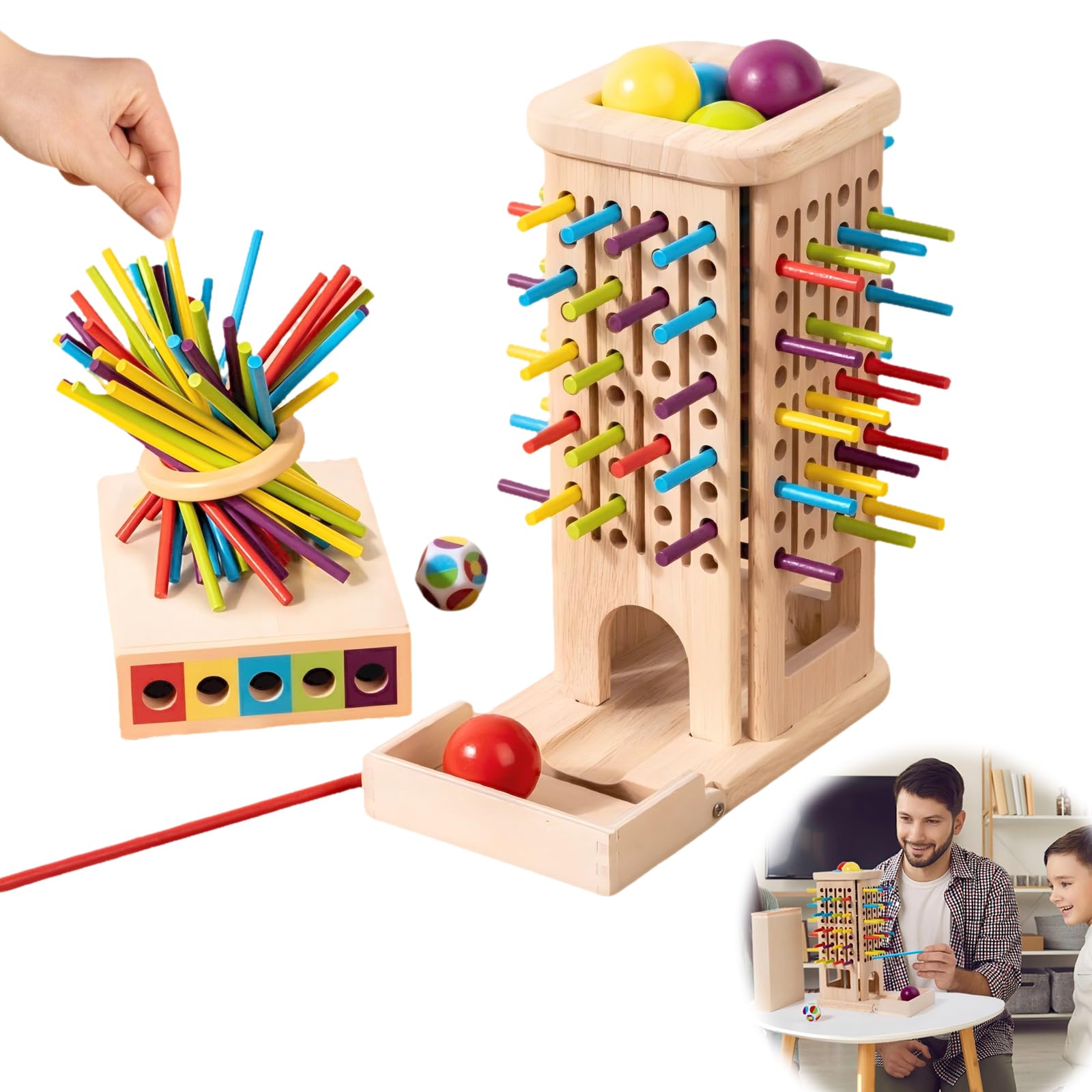 SiumPklay Wooden Montessori Sorting Game for Kids Jenga-Style Operation Board Game with 40 Sticks, 6 Balls & Dice