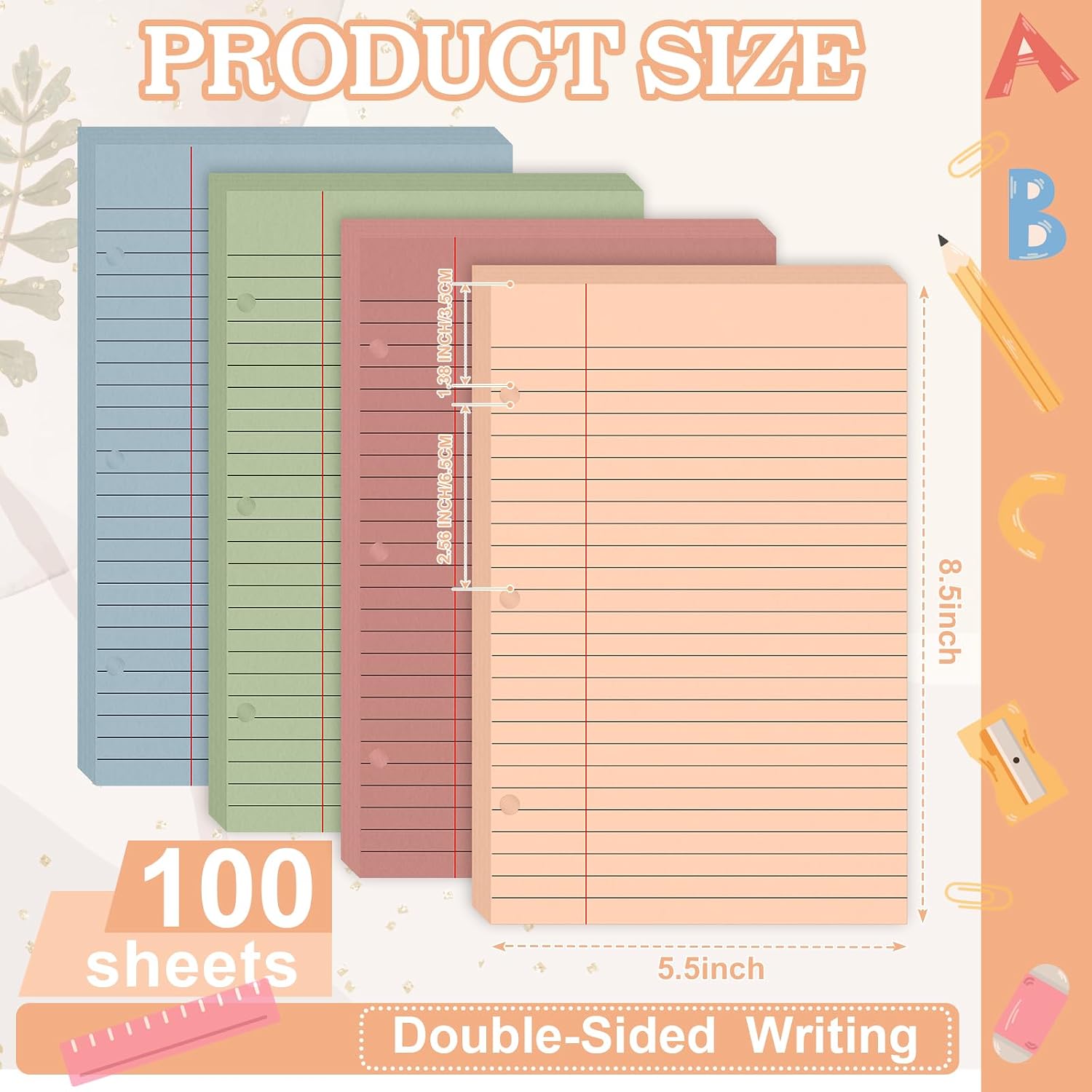 100 Sheets Half Letter Lined Paper 5.5 X 8.5 In Colored Notebook Paper College Ruled Loose Leaf Paper 3 Hole Punched Half Mini Binder Inserts Fit 3 Ring Binder for School Office image 2