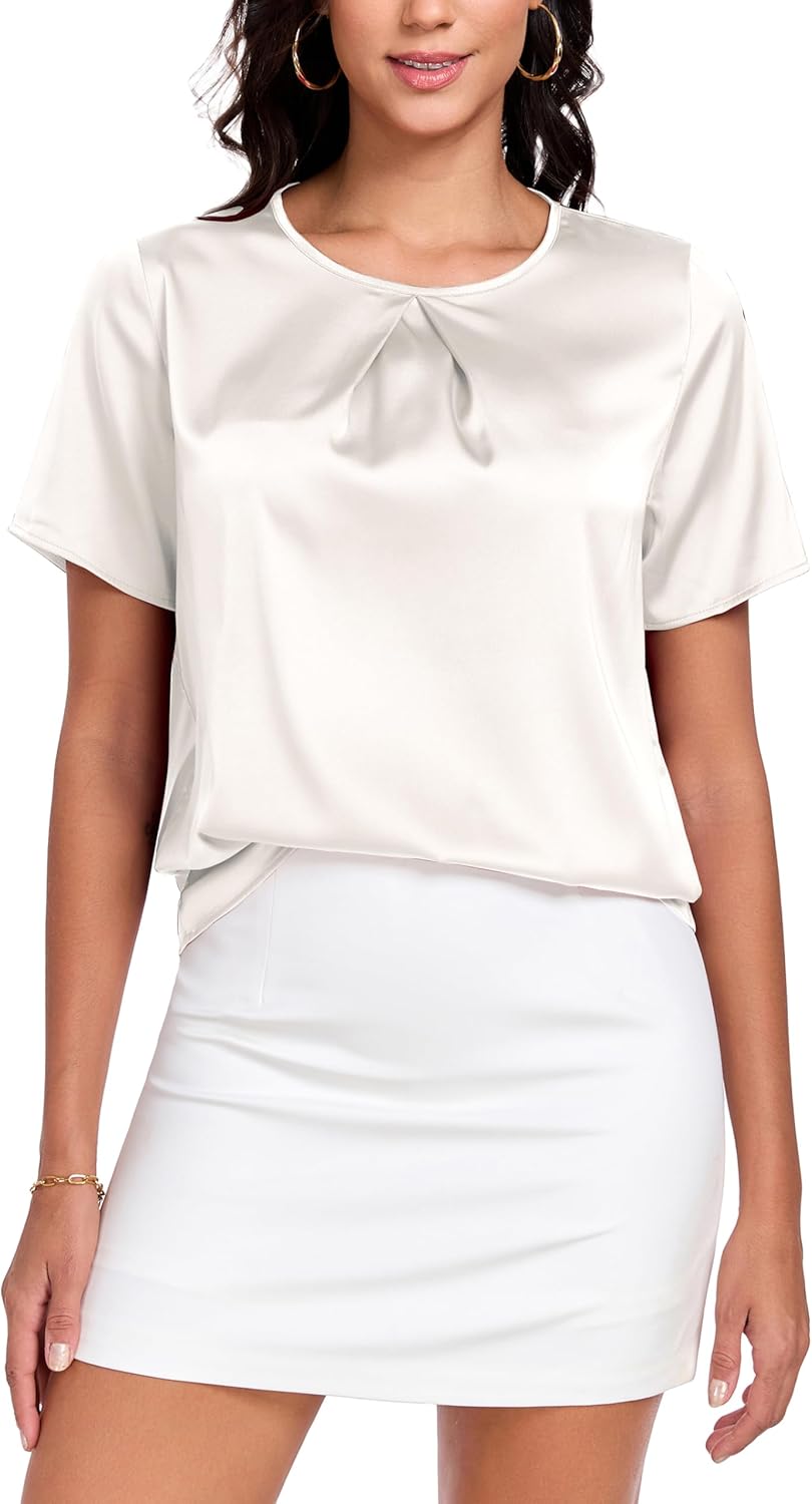 Wantschun Womens Silk Satin Shirt Casual Short Sleeve Blouse Basic Round Neck Pleated Work Tops - Image 7