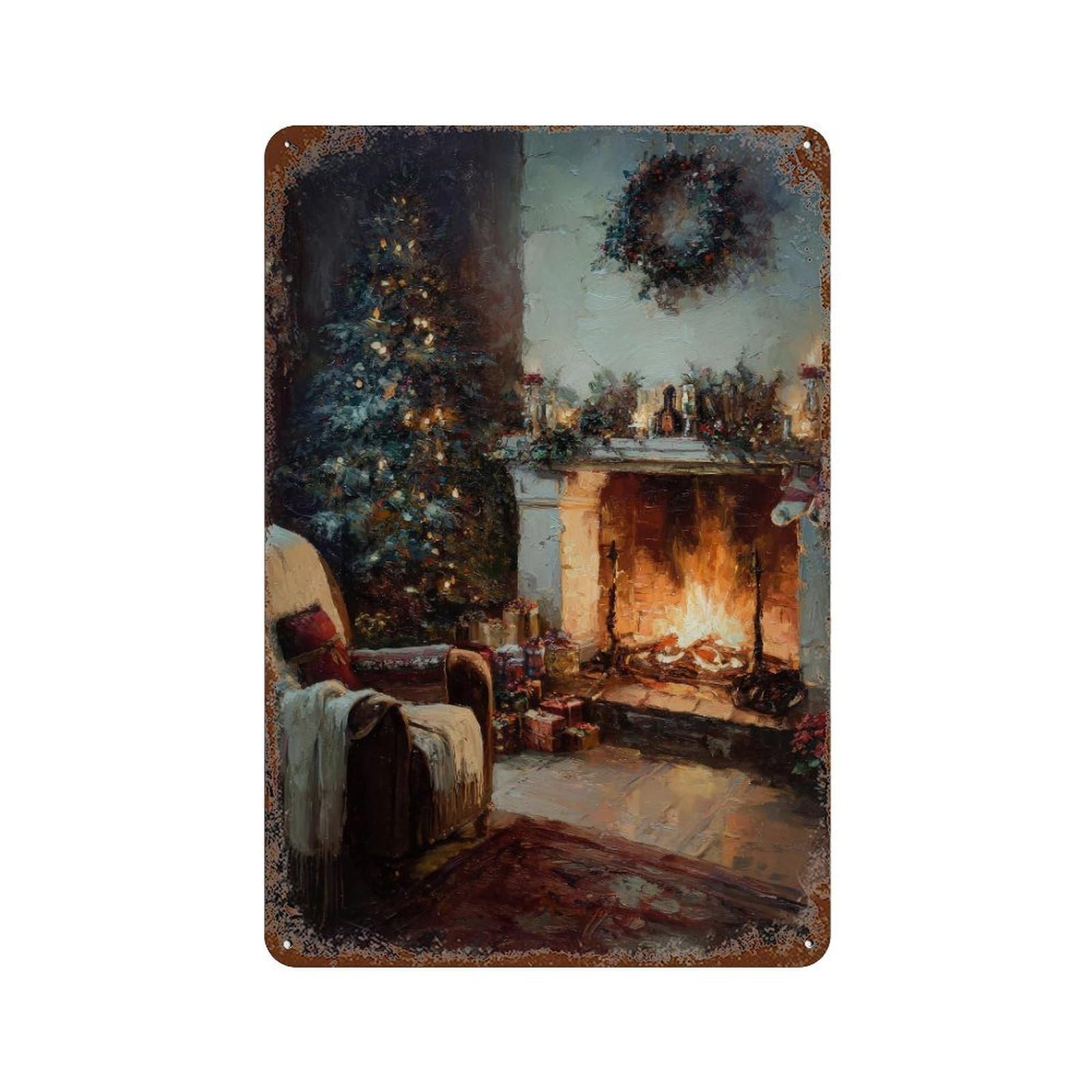 xiaoxiaoshen Christmas Fireplace. Cozy Impressionist Holiday Scene Wall Decor Art Metal Tin Poster Modern Home Decor Art Home Bar Shop Decorations Vintage Sign 30x20cm