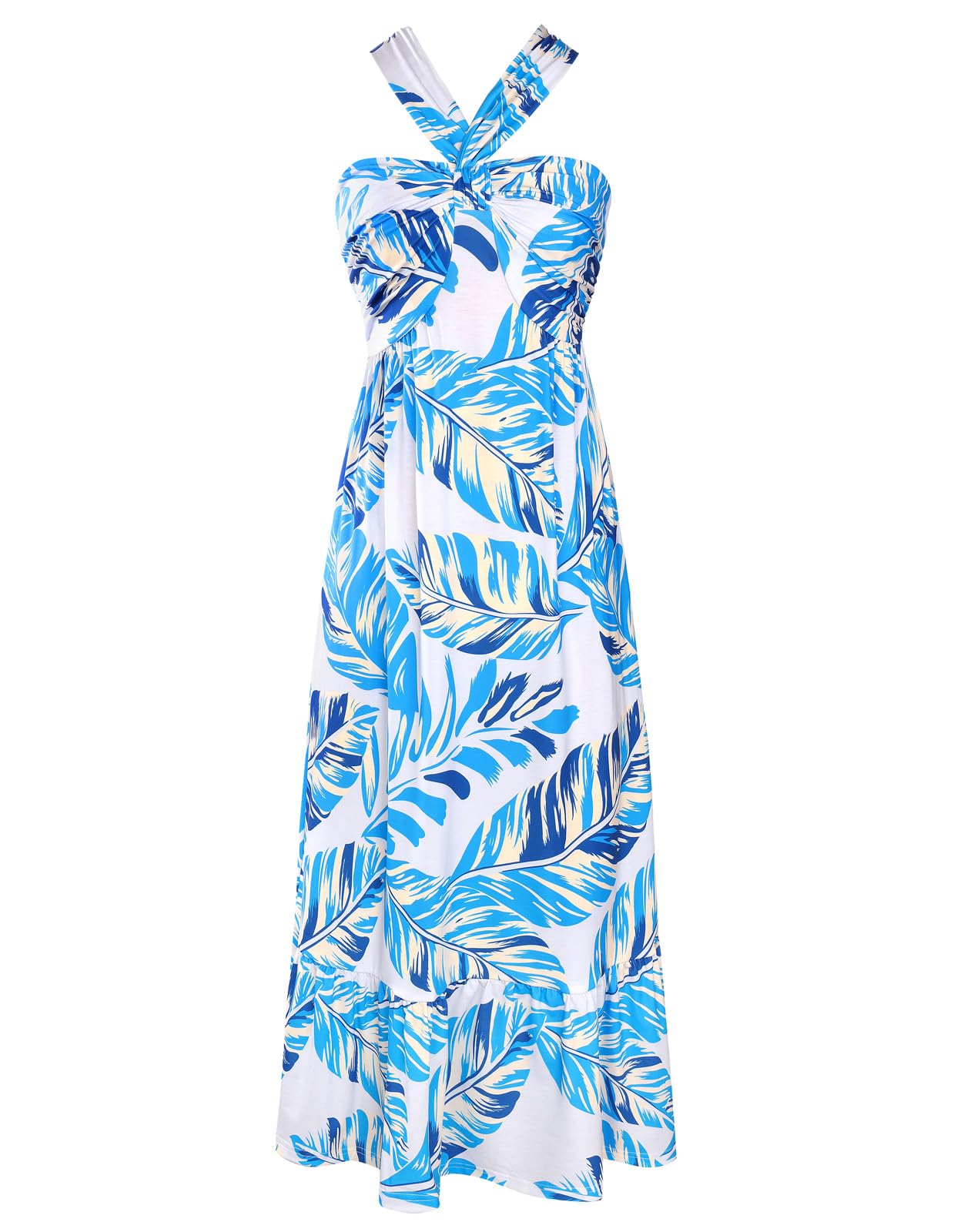 GRACE KARIN Womens Summer Floral Dresses 2026 Boho Maxi Dress Flowy Halter Sundress Casual Vacation Beach Clothes with Pocket Blue Floral L