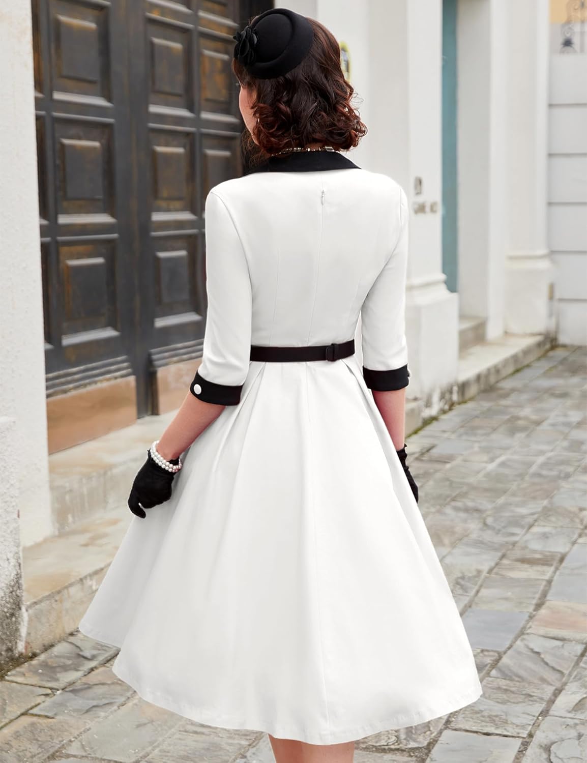 MUXXN Women's 50s Retro Casual Swing Midi Dress 3/4 Sleeve Square A Line Neck Vintage Cocktail Wedding Guest Bodycon Prom - Image 3