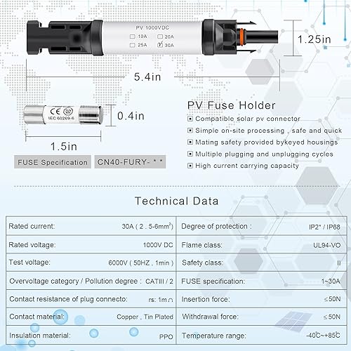 Miniatura 2 de Conector de fusible solar de 30 A IP68, resistente al agua, 1000 V, portafusibles en línea de 30 A, conector macho y hembra, resistente al agua,