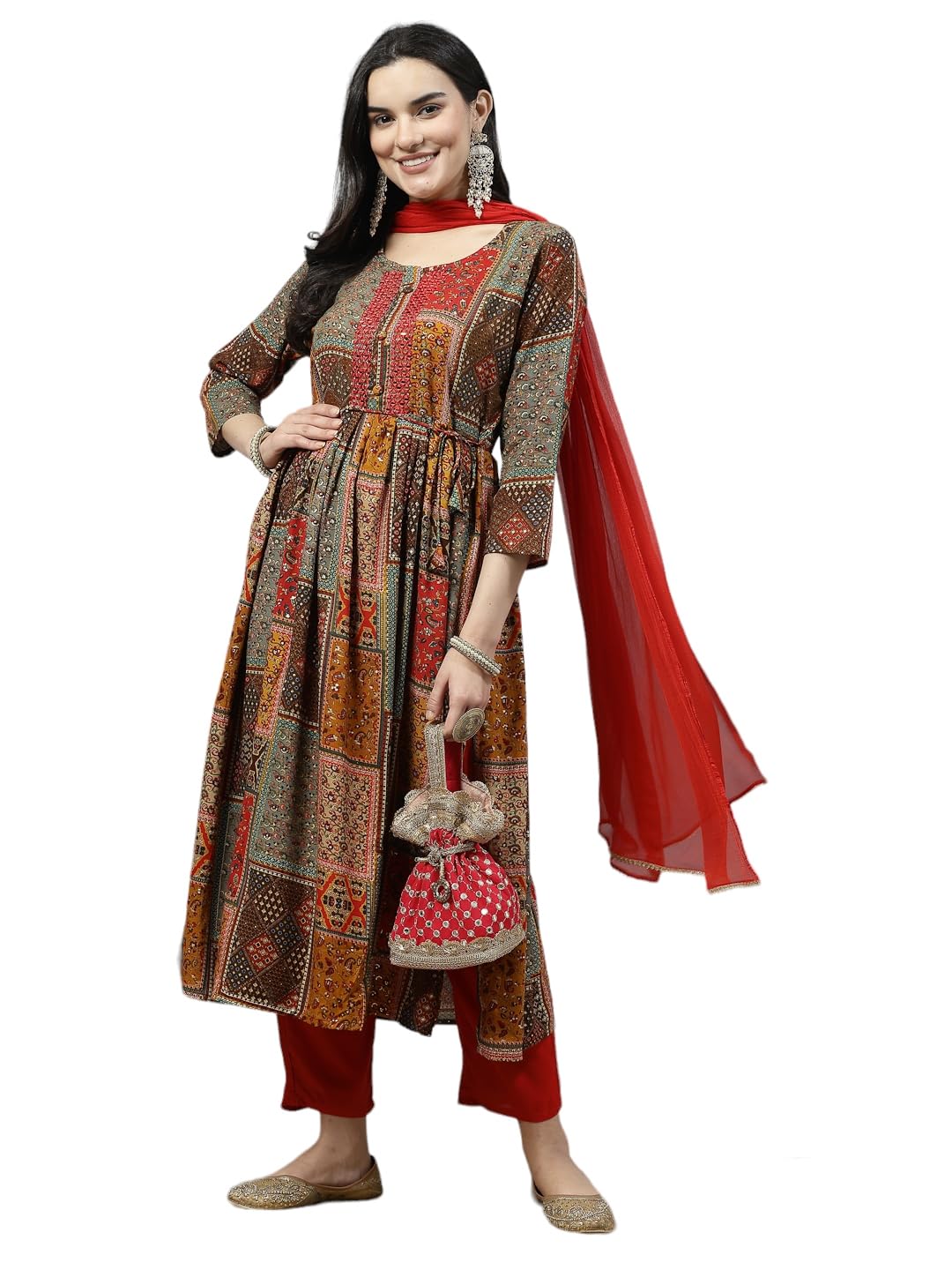 Meet DesiresElegant Naira Cut 3/4th Sleeves Kurta Pant Set: Timeless Style with Dupatta Bliss