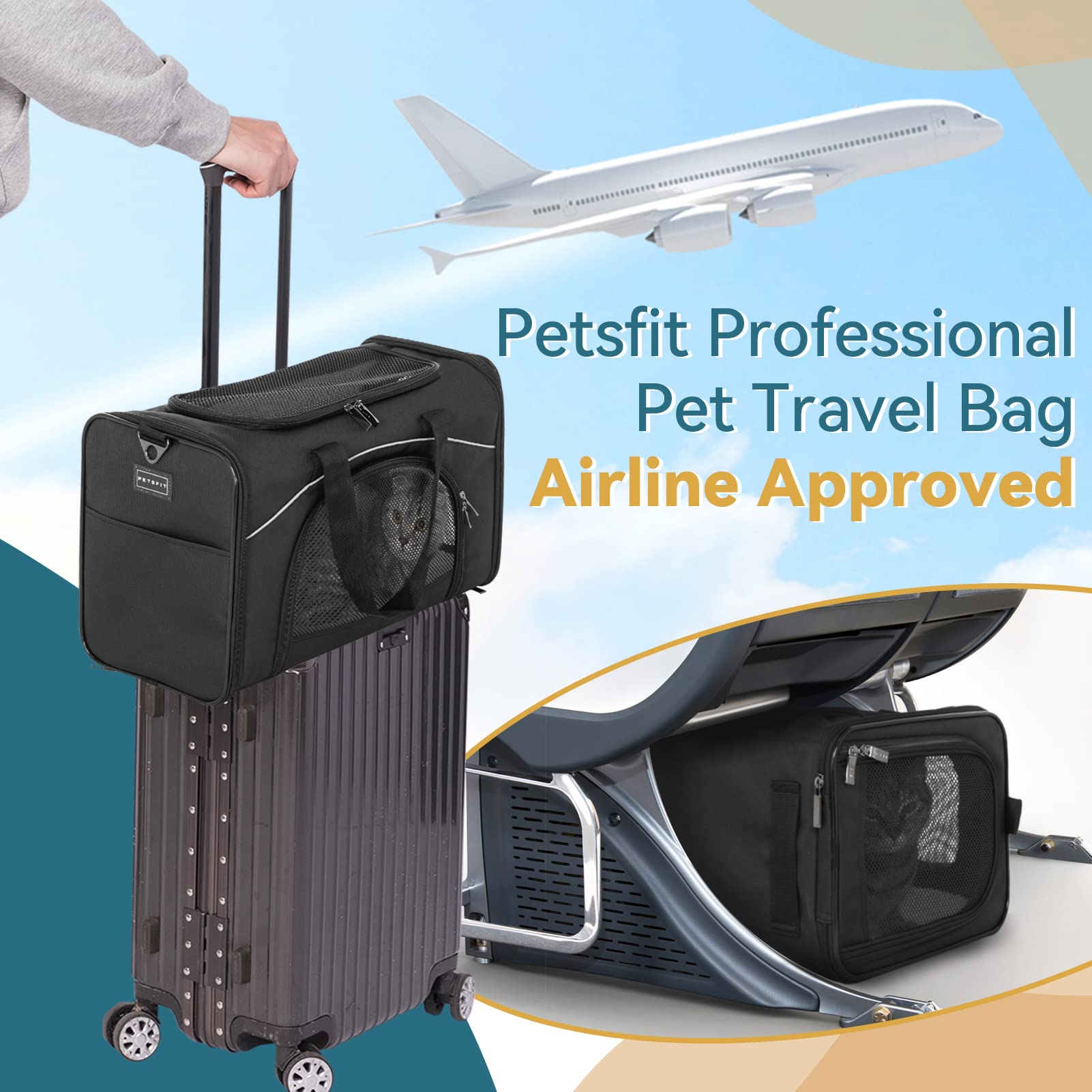 Petsfit Foldable Pet Travel Carriers, Airline Approved Cat Carriers Dog Carriers for Kittens,Puppies,Rabbit,Hamsters,Two-Way Placement on Plane,Washable