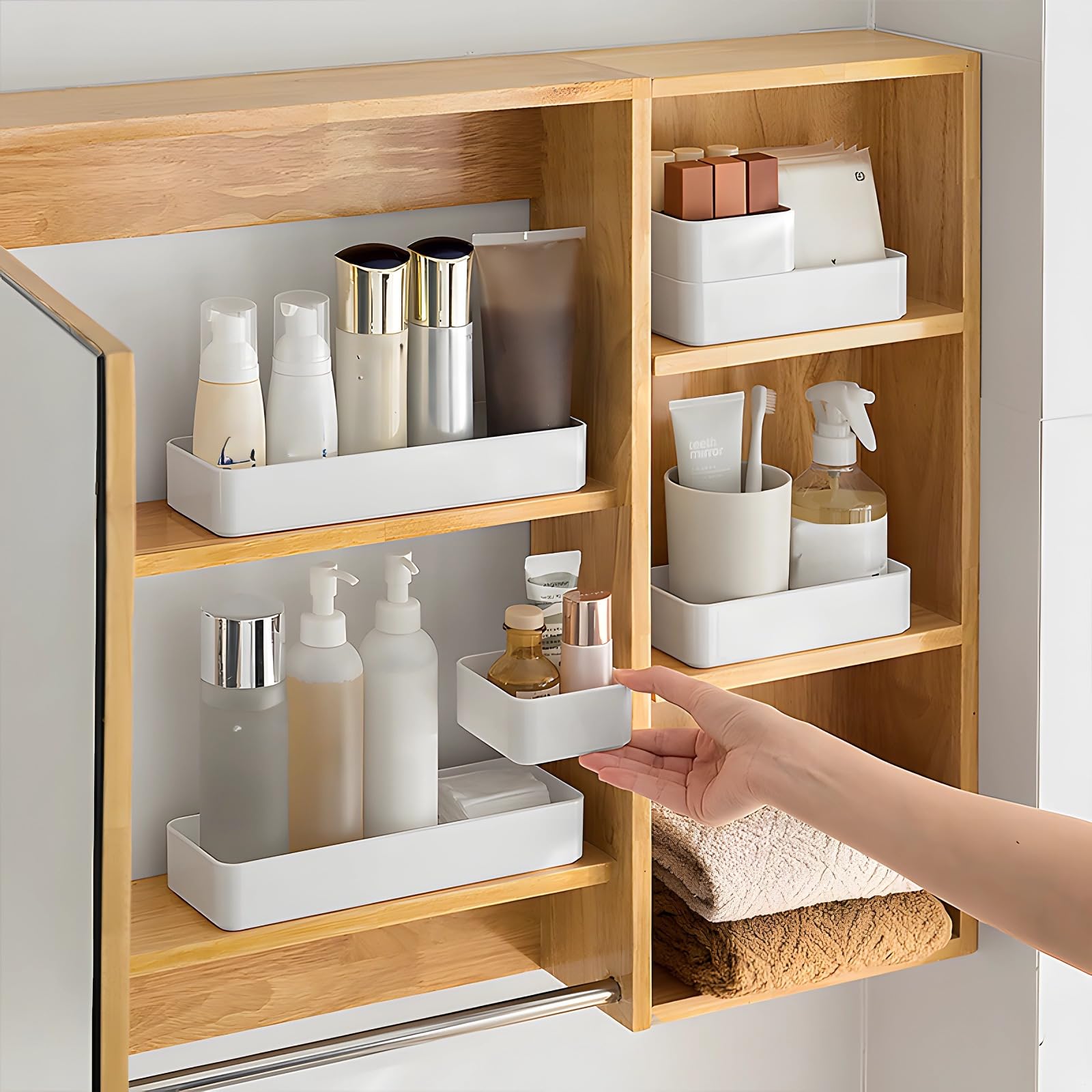 Juego de 4 bandejas de almacenamiento de plástico, organizador apilable blanco para cosméticos, cocina y oficina