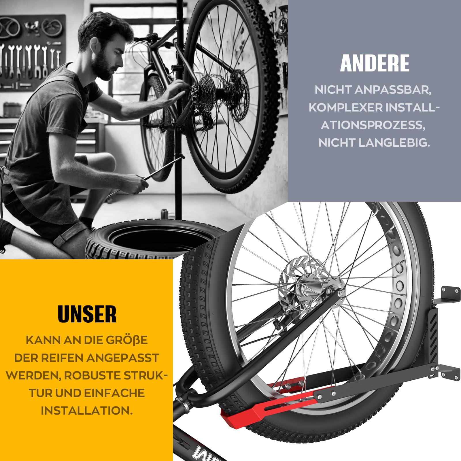 Hochwertige 160° Schwenkbare Fahrrad Wandhalterung, Fahrradständer ohne Schweres Heben, Verstellbare Faltbare Wandhalterung für Platzsparende Aufbewahrung,Passend für 20"-29" Reifen(rot/schwarz)