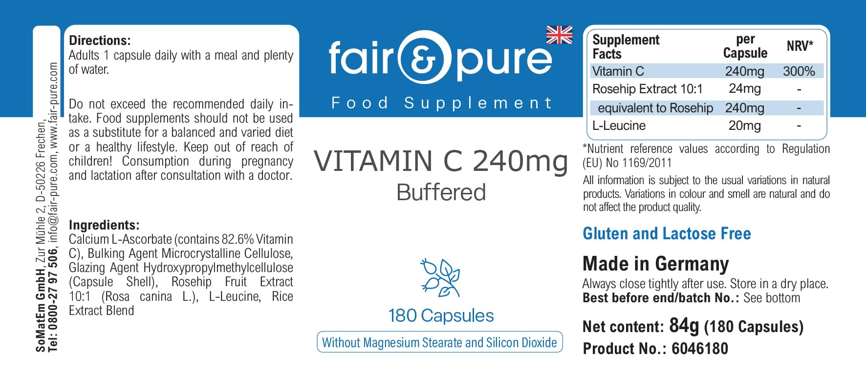 Fair & Pure® - Vitamina C tamponata - Buffered Vitamin C 240mg - Vegan - 180 Capsule (Confezione da 2)