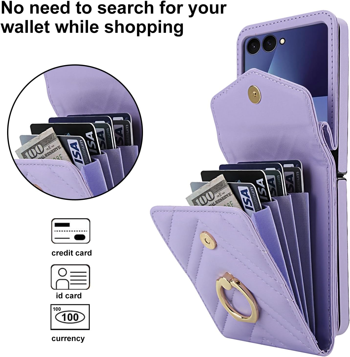Asuwish Phone Case for Samsung Galaxy Z Flip 7 5G Wallet Cover with Ring Stand Credit Card Holder Slot Crossbody Strap Lanyard RFID Blocking Purse Cell ZFlip 7Z Z7 G Flip7 ZFlip7 Women Girls Purple