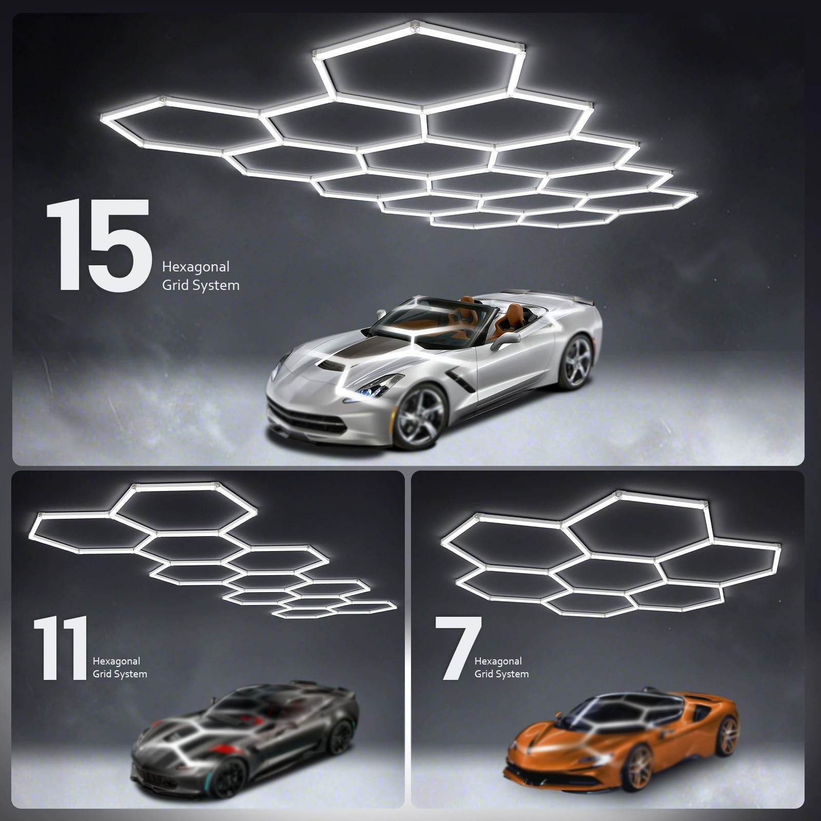 Plafonnier LED Hexagonal pour Garage, Atelier de carrosserie, 210 W, Blanc lumière du Jour 6500 K, Haute luminosité, idéal pour garages, magasins, salles de Sport 210W