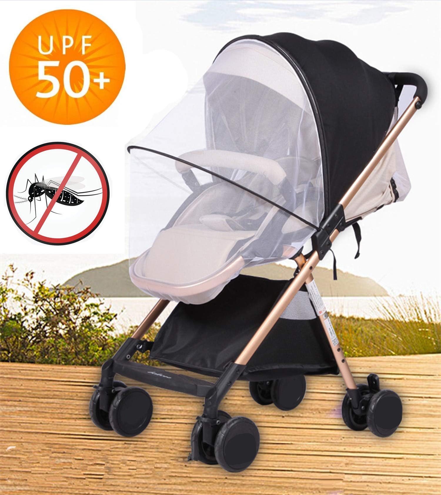 2-in-1 Baby Stroller Sun Shade&Mosquito Net Awning Waterproof and Windproof Anti-UV Umbrella Canopy Universal Fit for Stroller