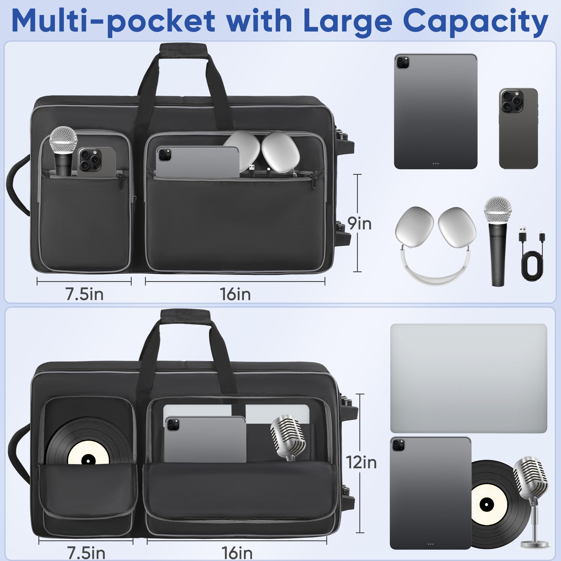 DJ-Controller-Tasche mit Rädern, kompatibel mit DDJ FLX10 / DDJ-GRV6 / 1000 / 1000SRT / REV7 / REV5 / SC LIVE 4, Rolling DJ Bag Gepolsterter Rucksack weich mit Multi-Tasche für DJ-Controller und