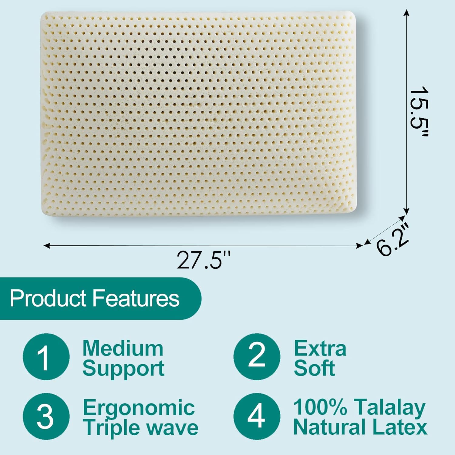 Oreiller en latex, 100 % latex naturel Talalay, oreillers de lit doux avec housse en coton, pour grand lit, parfait pour les douleurs latérales/dorsales, ventre, cou, soulagement du stress