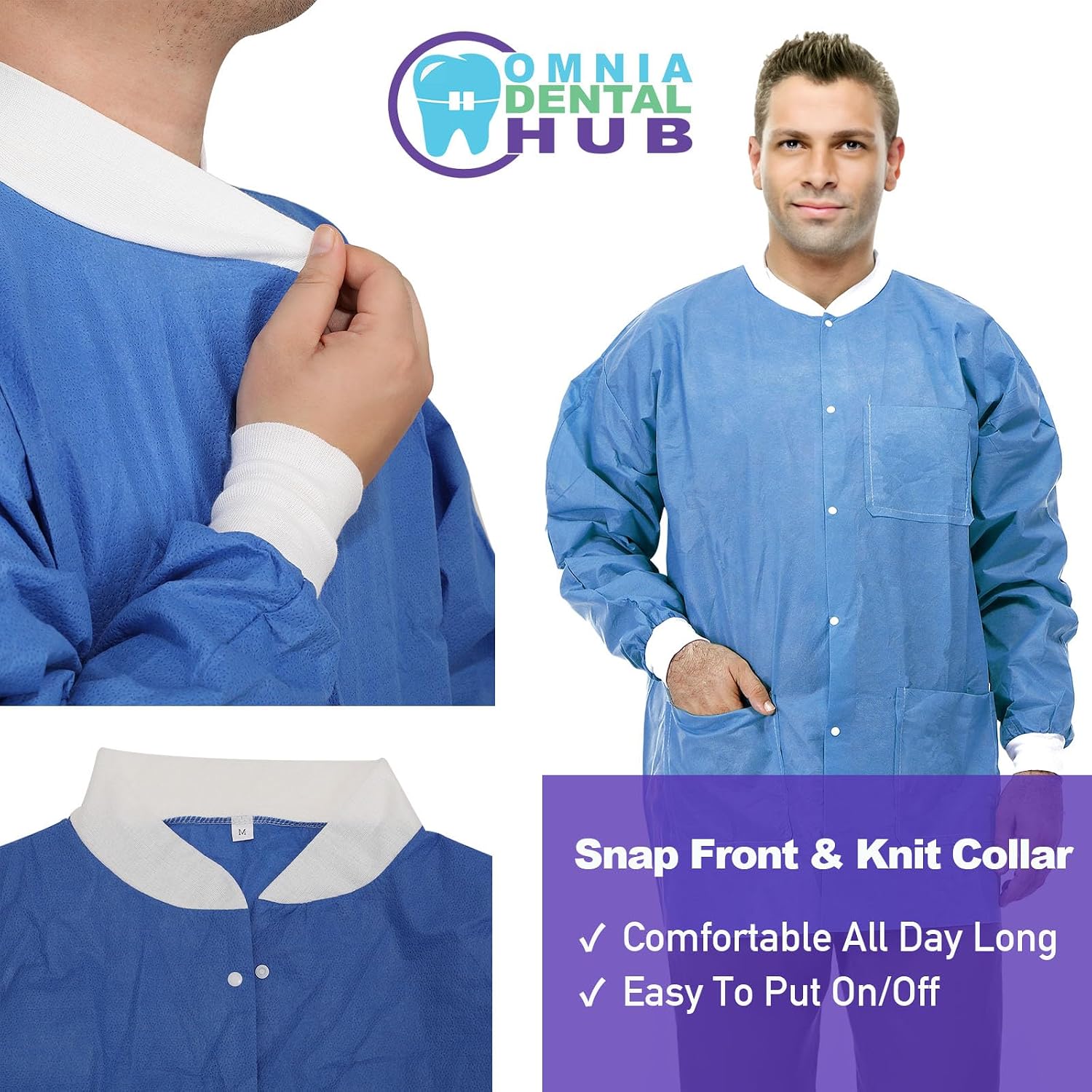 Omnia Dental Disposable Lab Coats | Durable SMS 45g Soft Knit Cuffs & Collar With 3 Pockets | Knee Length Medical Lab Coat