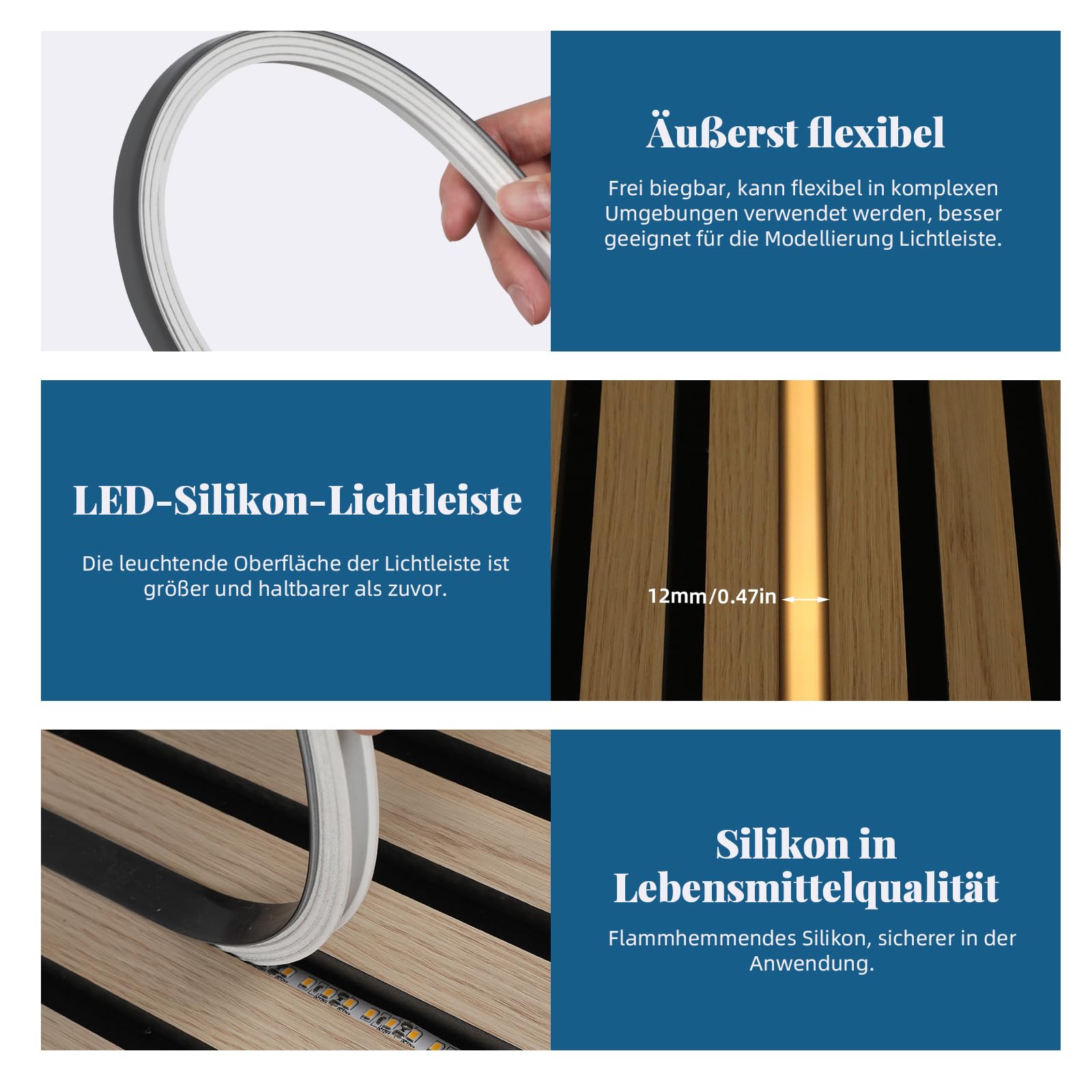 Profilo LED in silicone nero, 12 x 12 mm, flessibile, per pannelli acustici, resistente all'acqua, copertura per distribuzione omogenea della luce, effetto neon (senza strisce LED) (nero, 5 m)