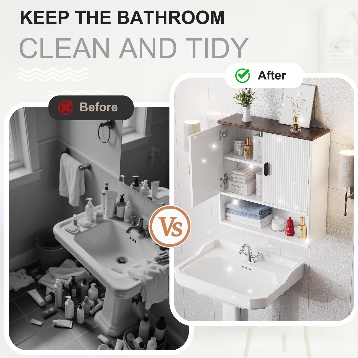 Bathroom Wall Cabinet, Modern Medicine Cabinet with Adjustable Shelves, 2 Fluted Doors & Silent Soft-Close Hinges, Storage Cabinet for Kitchen, White