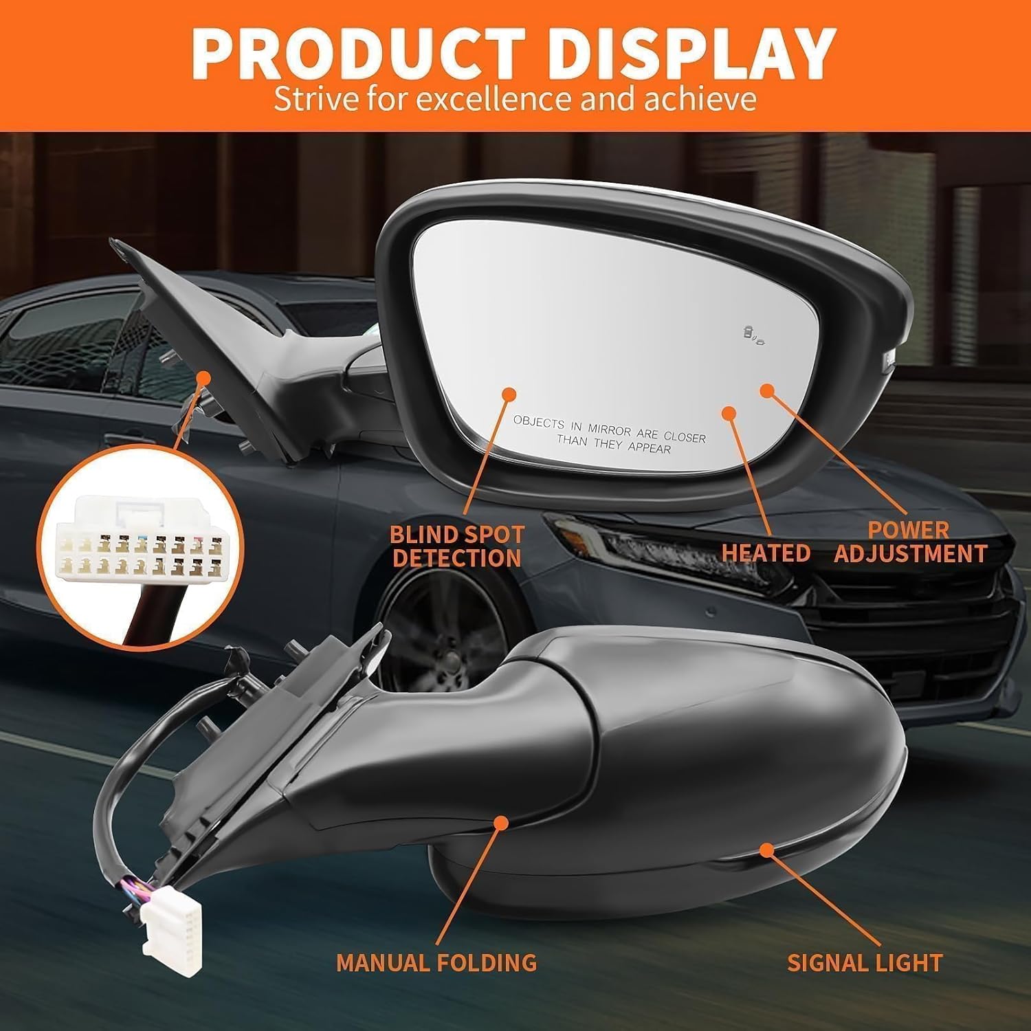Passenger Side Mirror Assembly Compatible with 2018-2022 Accord Heated Blind Spot Detection Turn Signal Light Power Match to Crystal Black Pearl HO1321330 (8Pins)