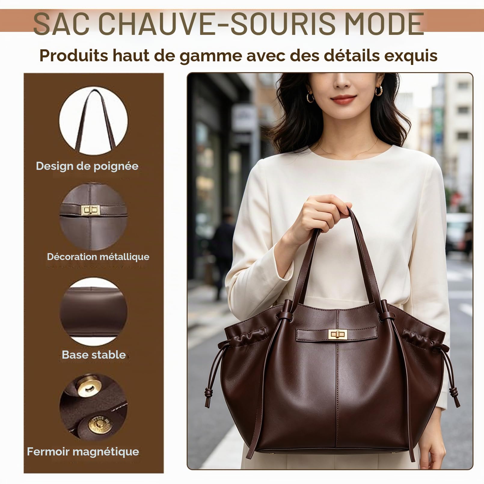 Sac Fourre Tout en Cuir pour Femme, Grand Sac à Main avec Bandoulière Amovible, pour l'université, Travail, l'école, Shopping, Voyages et Bureau