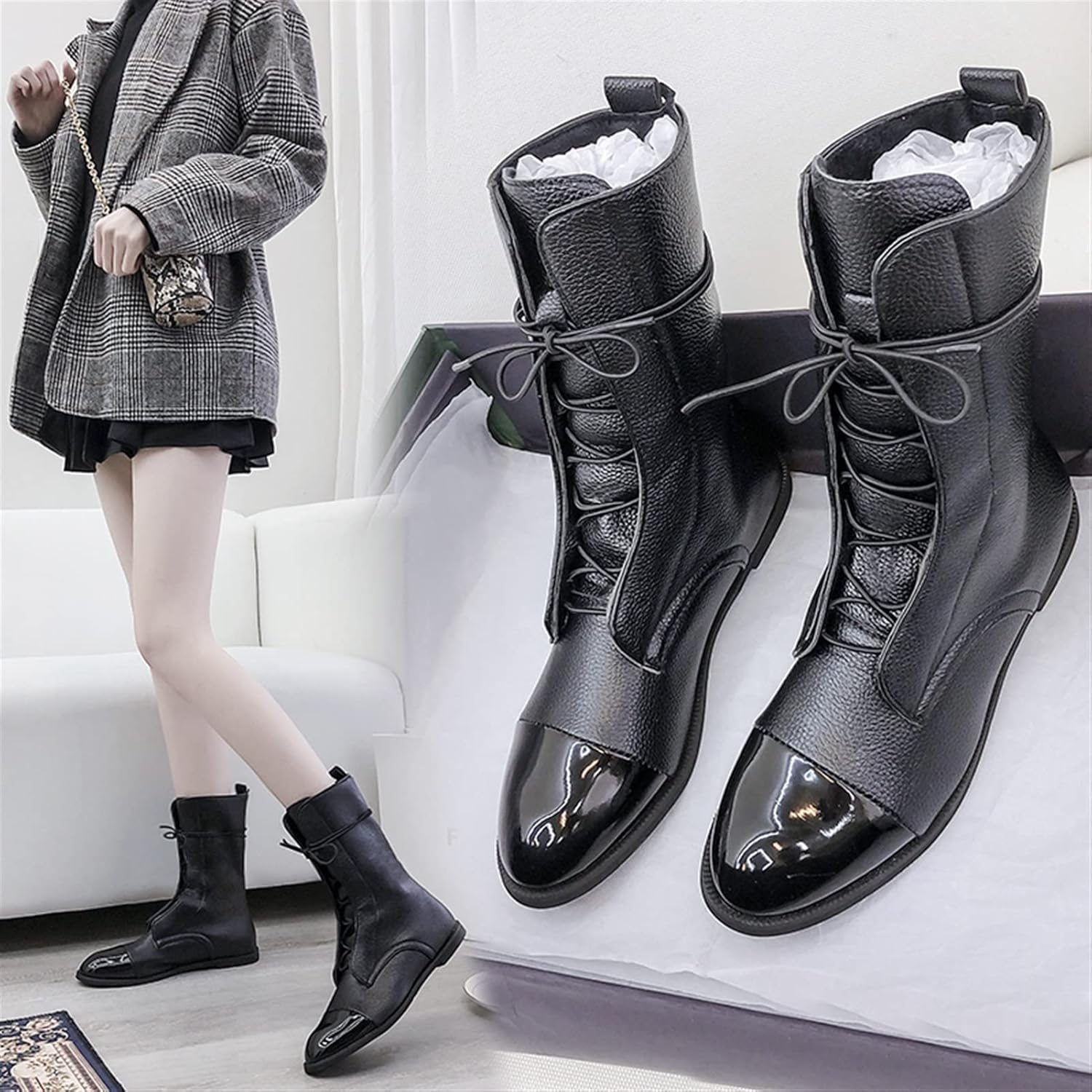 jianchi Leather Platform Boot Autumn Winter Women's Round-Headed Lace-up Flat-Bottomed Short Boots Fashion Boots Women Boots (Color : Black, Size : 9)