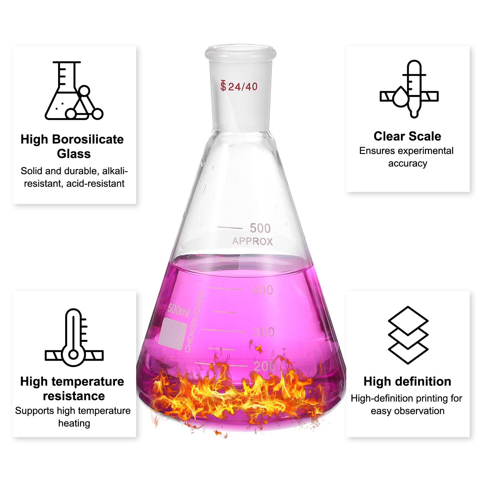 PATIKIL 24/40 Matraccio Conico 2 Pezzi 500ml/16.9oz Matracci In Vetro Borosilicato Pareti Spesse Con Misura E Attacco Standard Taper 24/40 Per Esperimenti Di Chimica In Laboratorio