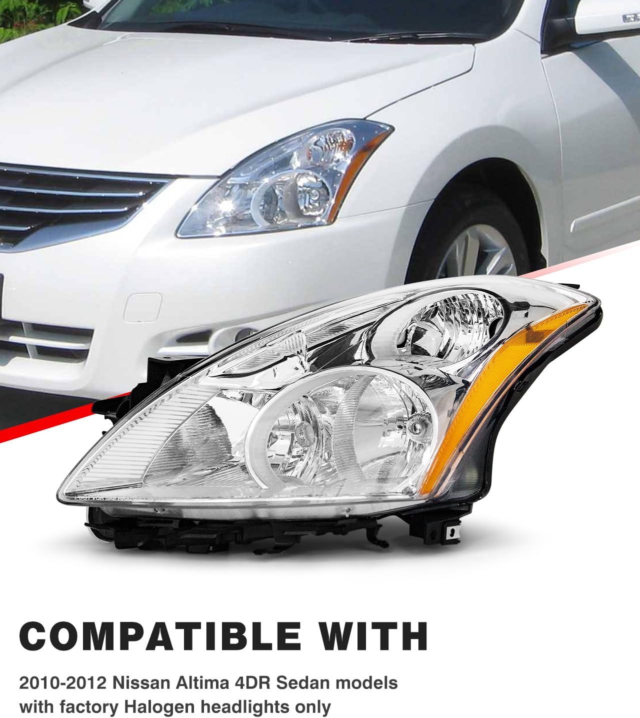 for Nissan 10 11 12 Altima 4Door Sedan Headlights Compatible with 2010 2011 2012 Altima Headlamp Assembly Chrome Housing Amber Reflector Replacement Driver and Passenger Sides（W/O Bulbs）