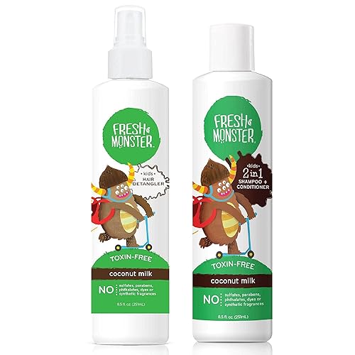 Fresh Monster Spray desenredante para el cabello para niños, champú y acondicionador 2 en 1, sin toxinas, hipoalergénico y natural, coco (8.5 onzas