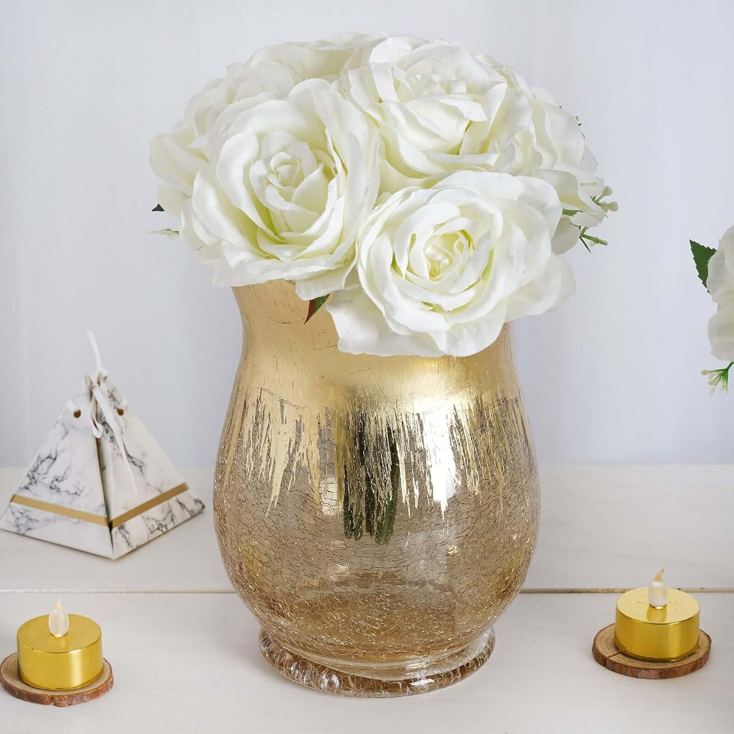 Efavormart Pack of 2 8" Tall Handmade Gold Foil Crackle Glass Vases Hurricane Candle Holders