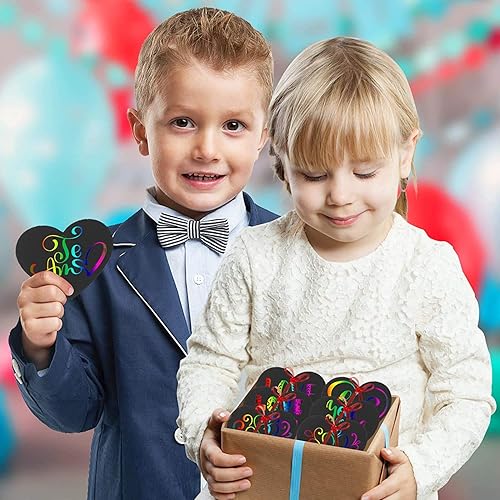 Miniatura 2 de 28 piezas de adornos de papel para rascar en forma de corazón, arco iris, manualidades, con 28 lápices de madera, 28 cintas y 2 calcomanías