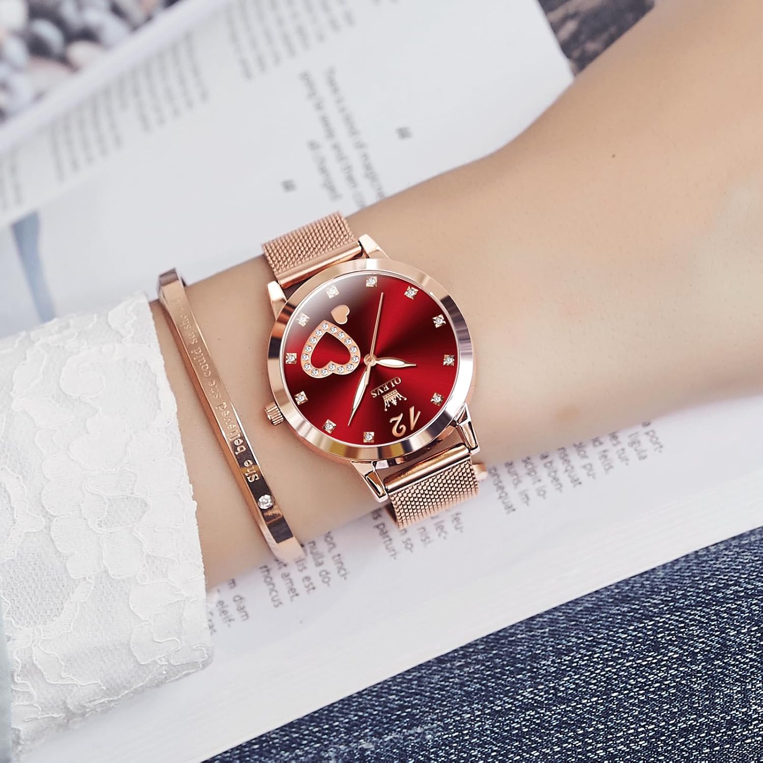 OLEVS Women Watches, Elegant Rose Gold Small Wrist Ladies Watch, Sophisticated Waterproof Mesh Bracelet Quartz Watch for Women - Image 7