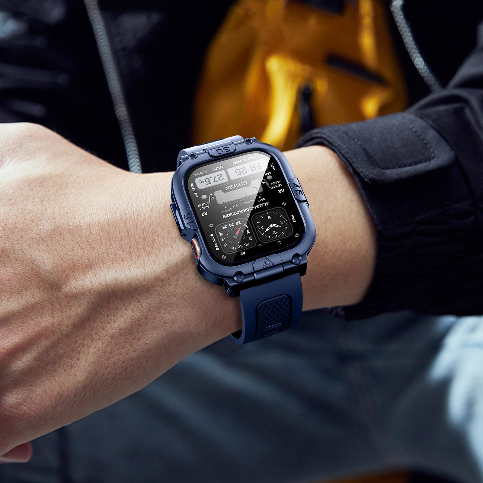 Dsytom Custodia impermeabile con cinturino compatibile con Apple Watch Band 45 mm, 44 mm, 41 mm, 40 mm, per uomo, robusto cinturino per smartwatch con pellicola protettiva in vetro temperato integrata