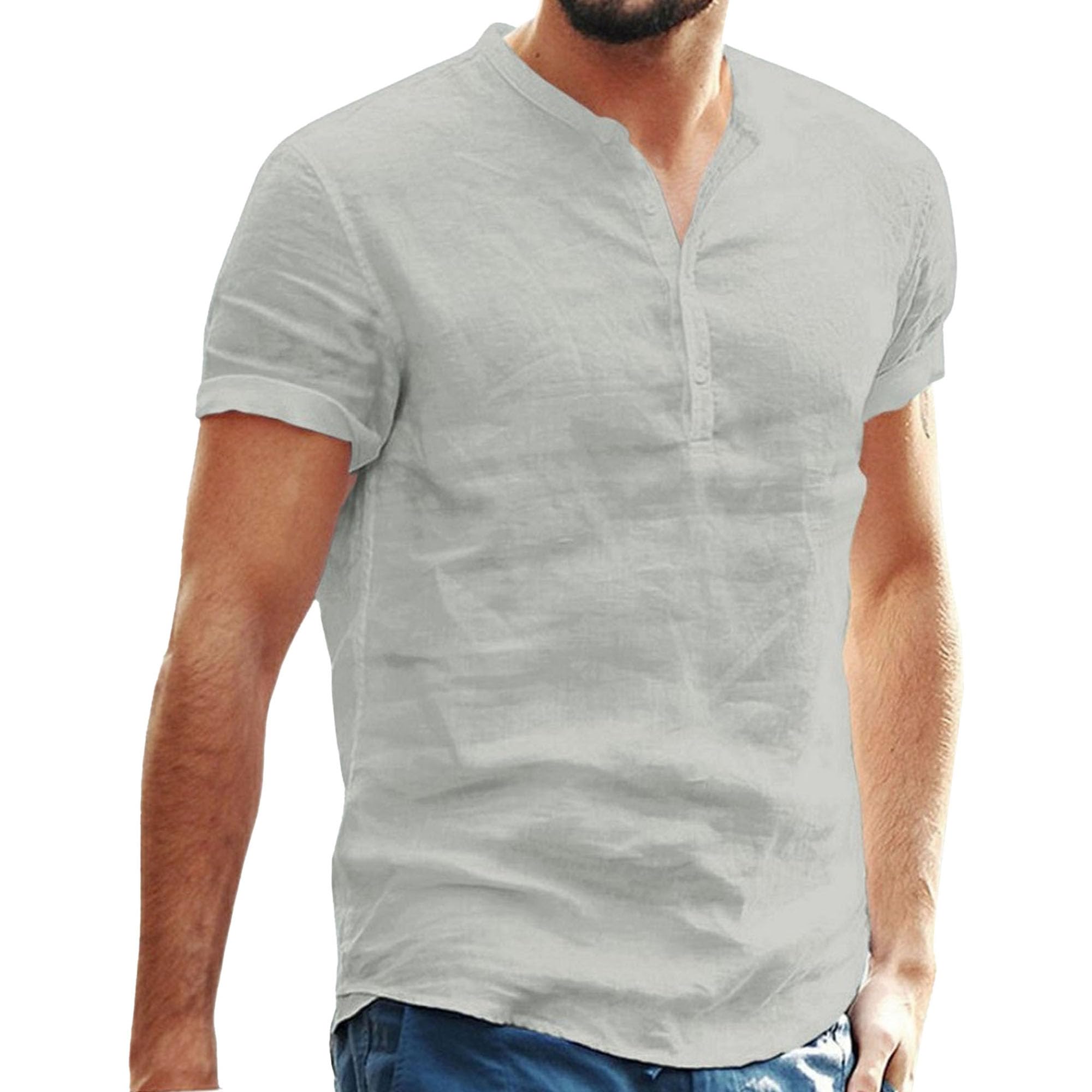 Men Solid Stand Collar Street Shirts Normal Thin Cotton Linen Cool T Shirt Summer Quarter Button Pullover Tops (Grey,Small)