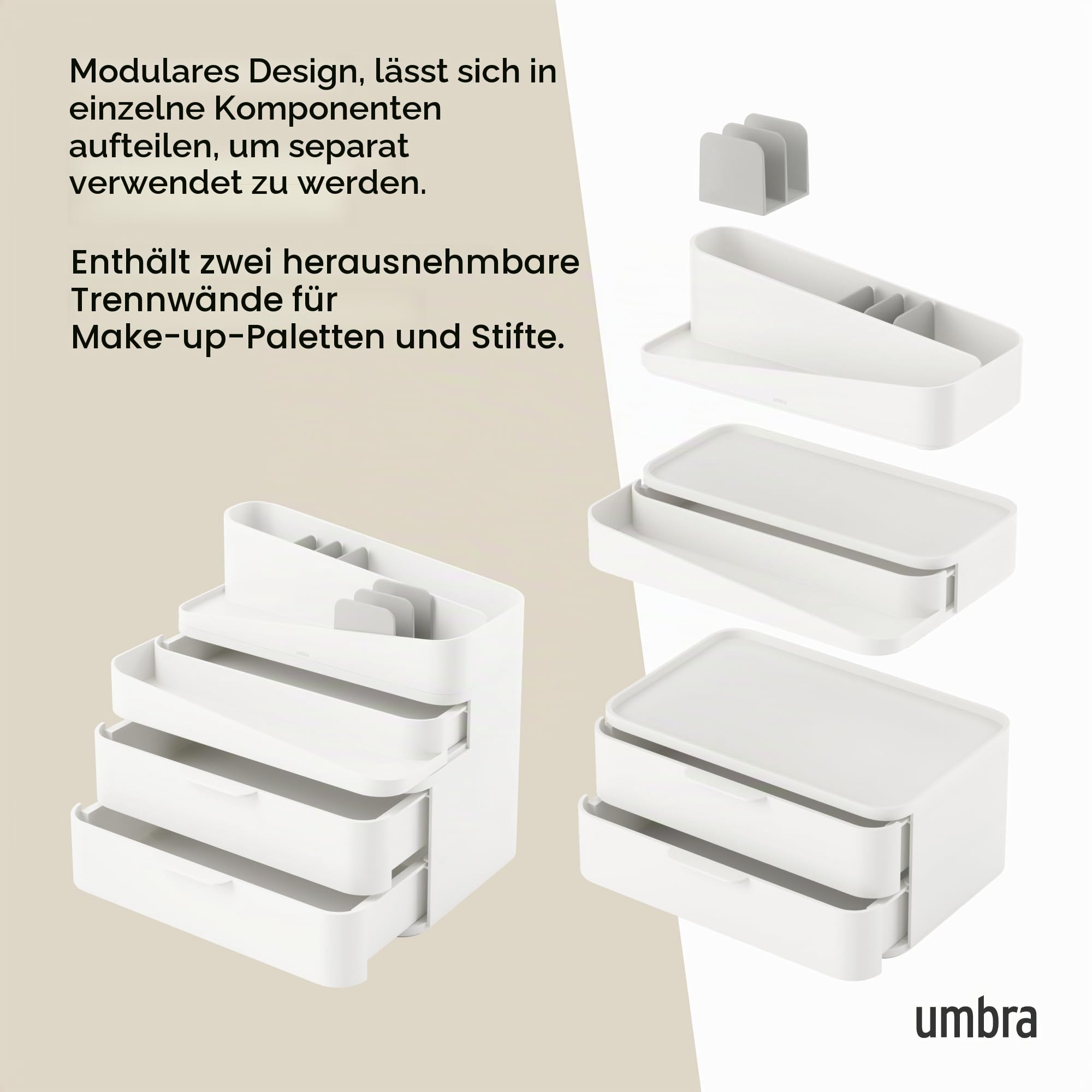 Umbra Glam Kosmetik Organizer, modular stapelbar, Gross, Weiss | Drei Schubladen, herausnehmbare Trennwände, platzsparend, für Bad und Büro, Gummifüße, recycelter Kunststoff