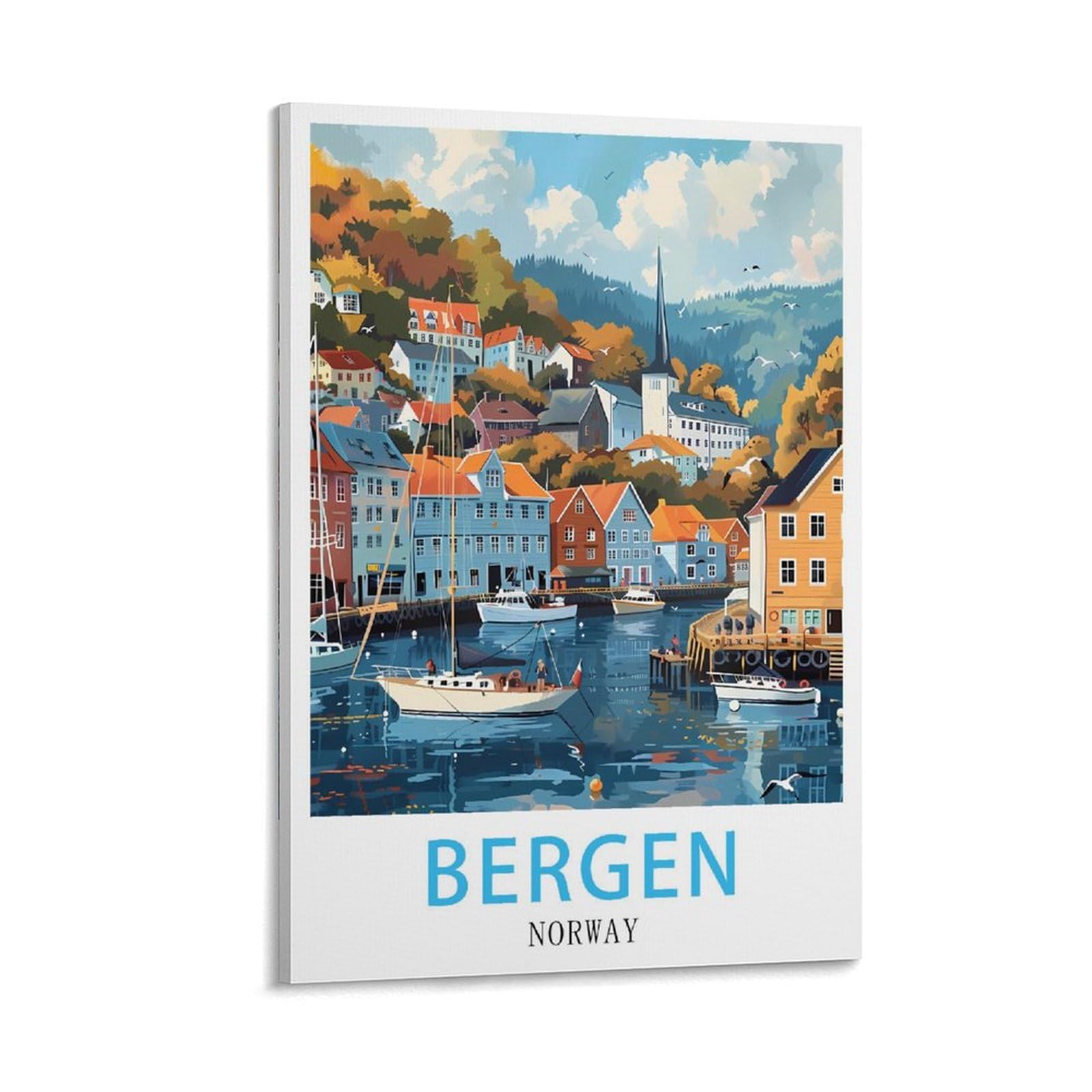 Lhjoiun Frame-Style Bergen Norway Vintage Travel Posters 12X18inch(30X45cm) Art Canvas Print For Living Room Bedroom Home Decoration Modern Art