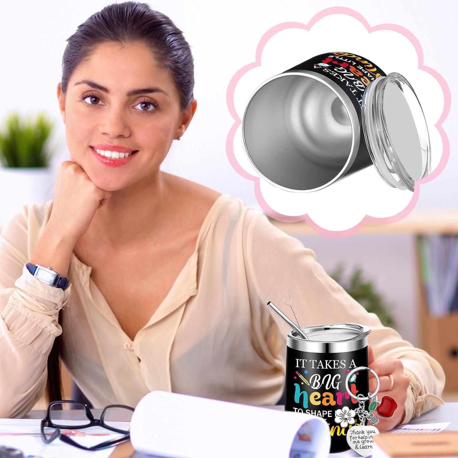 Tioncy 6 Set Valentine's Teacher Appreciation Gifts Bulk 6 Pcs 12 oz Wine Tumbler with Lids and Straws 6 Keychain Thank You Gift Best Teacher Insulated Mug for Women Men Graduation Gift(Classic) - Image 5