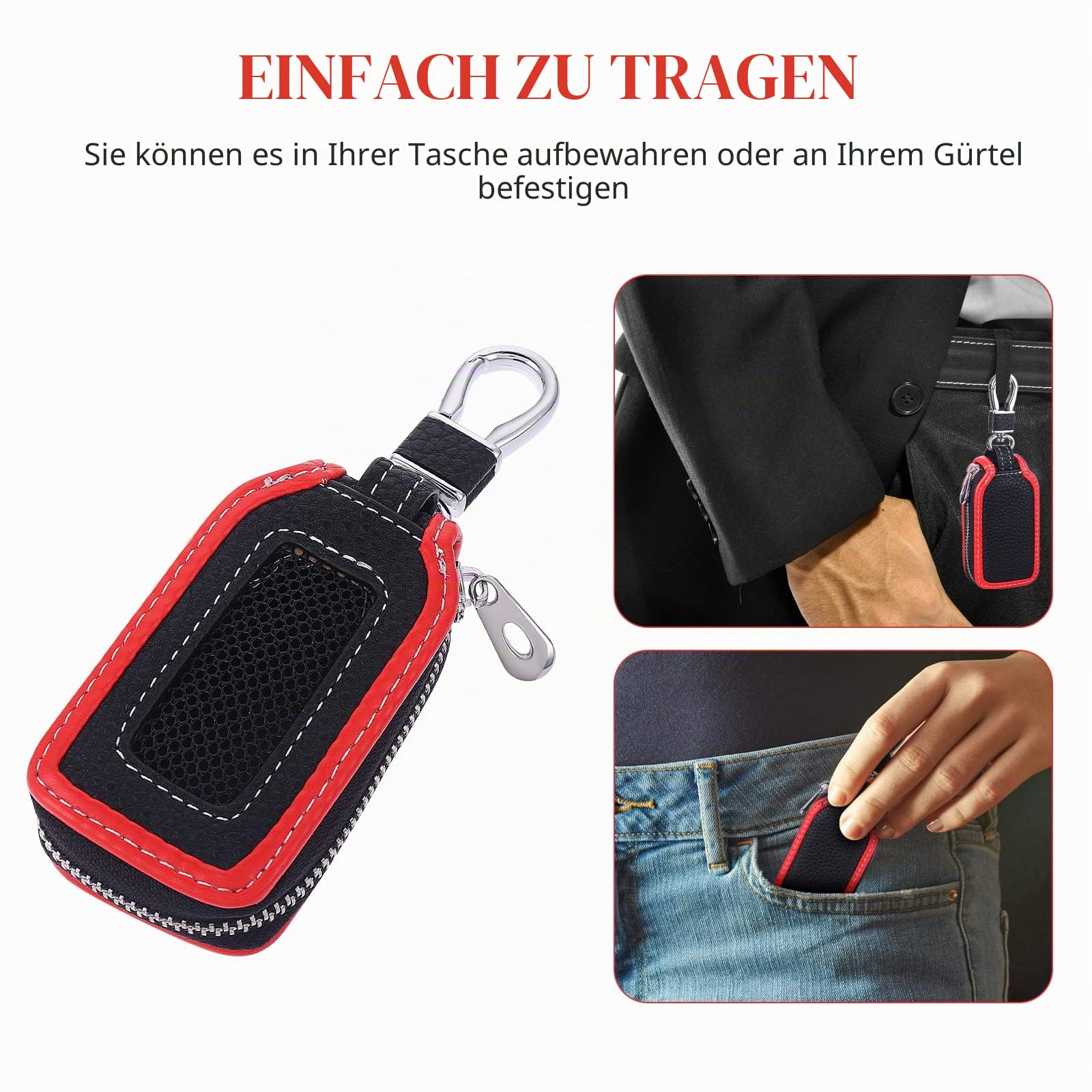 Prasacco Auto Schlüsselanhänger Tasche, Rindsleder Schlüsseletui Tragbares Autoschlüssel Tasche Autoschlüsselanhänger Schutzhülle mit Reißverschluss und Karabiner - 8 x 4,5 x 1,8 cm (Schwarz, Rot)