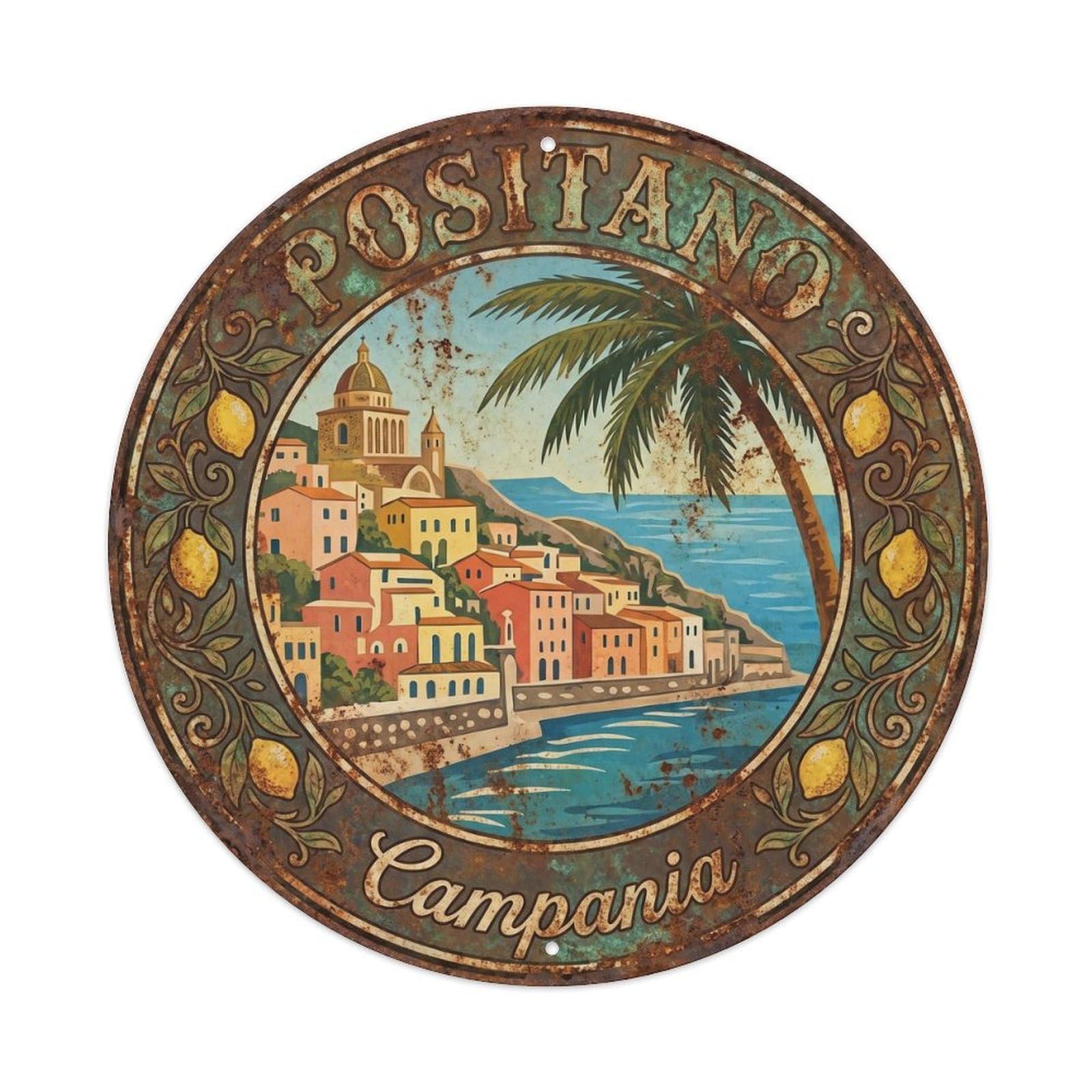 Italian Positano Coastal Route Amalfi Coast Campania Metal Tin Sign Plaque Wall Decor for Cafe, Man Cave, Club Bar, Office, Home Garden Round Metal Poster 8x8Inch