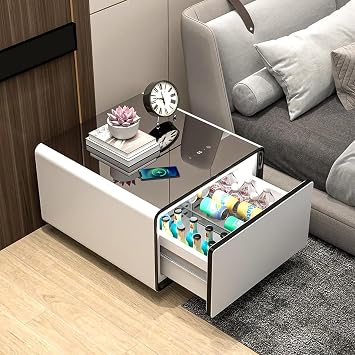 Smart Side Table with Fridge, Smart Nightstand with Refrigerator, Induction Light, Temperature Control, Wireless Charging, Power Socket, USB Ports, Outlet Protection White, LT65 Pro
