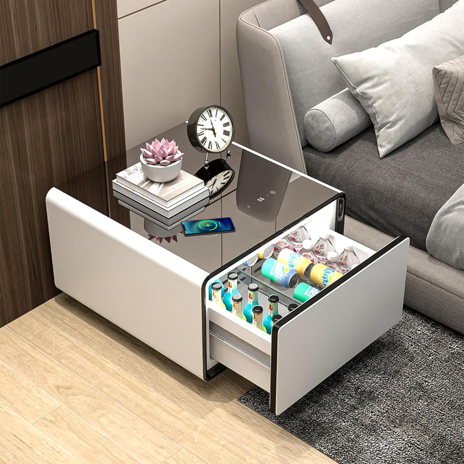 Smart Side Table with Fridge, Smart Nightstand with Refrigerator, Induction Light, Temperature Control, Wireless Charging, Power Socket, USB Ports, Outlet Protection (White, LT65 Pro)
