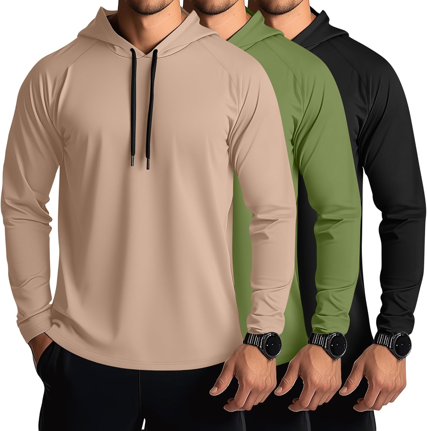 Ficerd 3 Pack Hoodies for Men Big and Tall, Lightweight Long Sleeve Workout Gym Running Fishing Pullover Hooded Sweatshirts