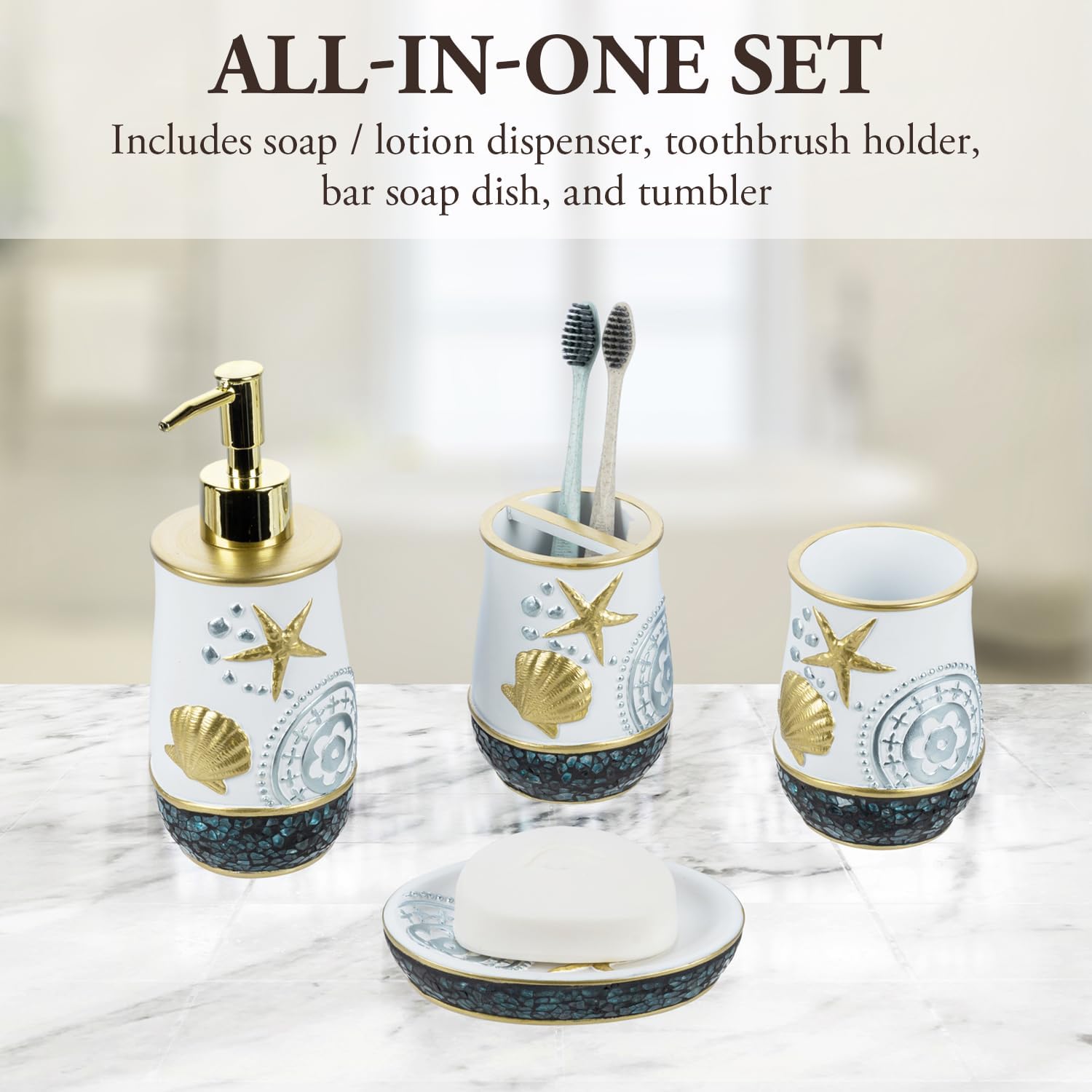 MyGift 4 Piece Bathroom Accessories Set, Coastal Beach Theme Bath Decor Soap Dish, Tumbler Cup, Toothbrush Holder, and Pump Dispenser with Blue Sea Mosaic Nautical Motif